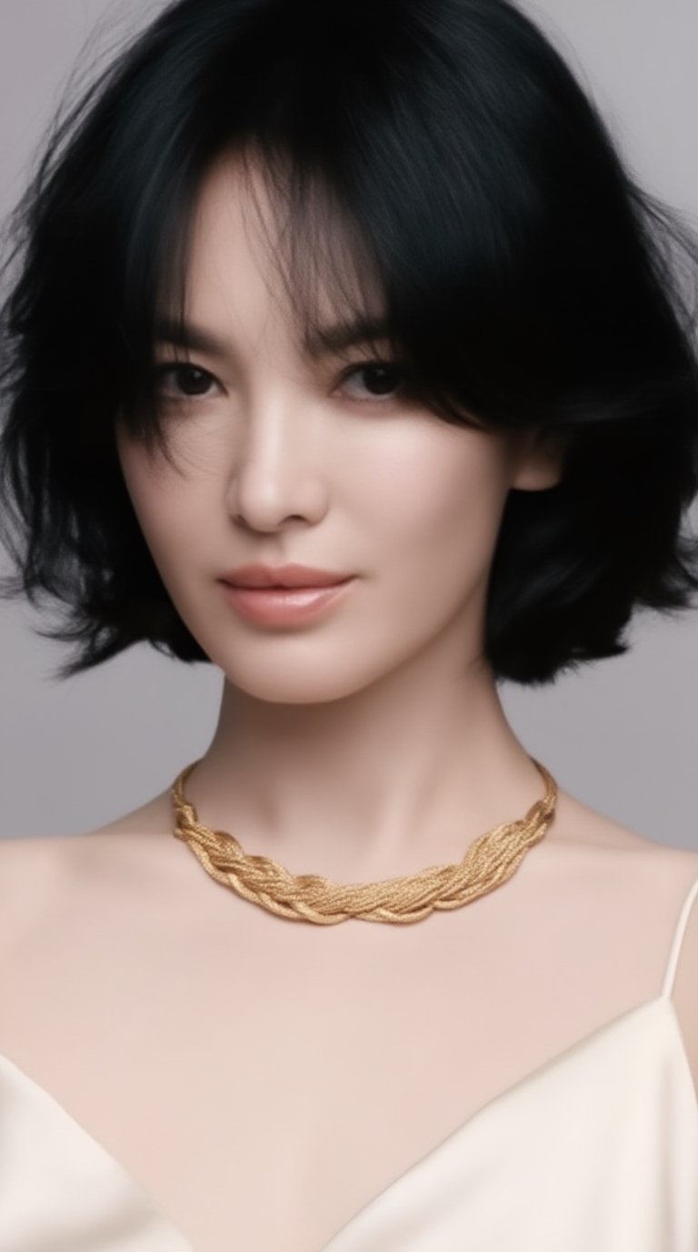 A luxury jewelry editorial close-up portrait of a refined 20yo woman with tousled short black hair,  softly textured and s...