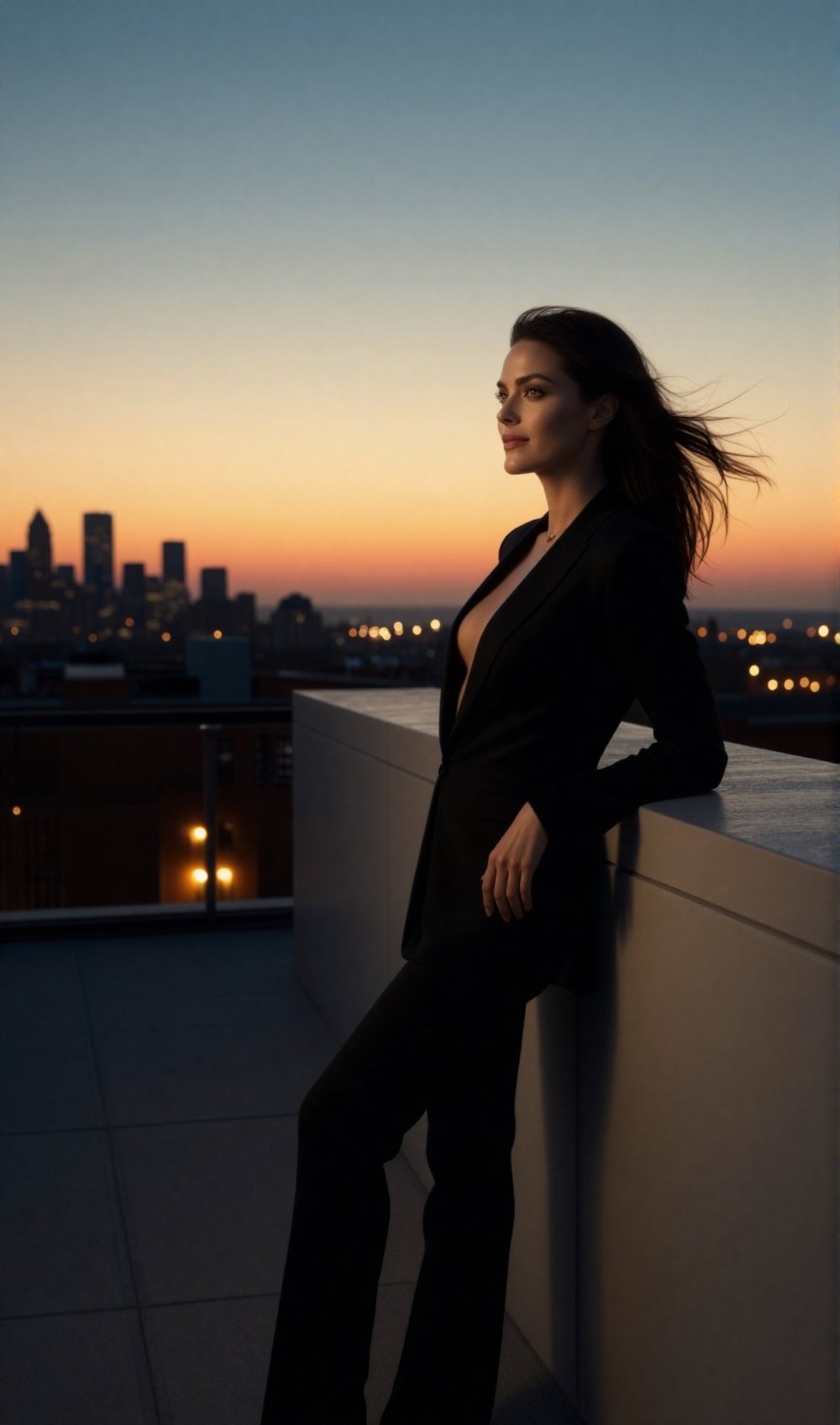 A cinematic rooftop sunset fashion scene featuring a confident adult woman overlooking the city skyline. She stands near t...