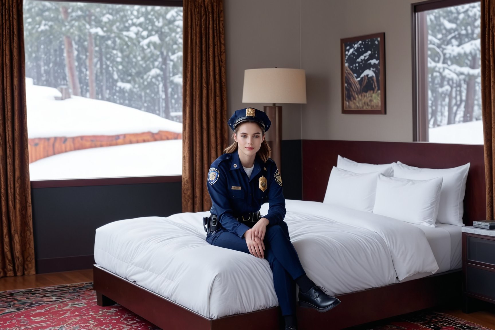 Hyper-Realistic photo of a beautiful LAPD police officer sitting on a bed in a winter resort house bedroom,20yo,1girl,solo,LAPD police uniform,cap,detailed exquisite face,soft shiny skin,smile,looking at viewer,Kristen Stewart lookalike,cap,fullbody:1.3
BREAK
backdrop:luxurious bedroom,pillow,lamp,window,curtain,carpet,tree,girl focus,cluttered maximalism
BREAK
settings: (rule of thirds1.3),perfect composition,studio photo,trending on artstation,depth of perspective,(Masterpiece,Best quality,32k,UHD:1.4),(sharp focus,high contrast,HDR,hyper-detailed,intricate details,ultra-realistic,kodachrome 800:1.3),(cinematic lighting:1.3),(by Karol Bak$,Alessandro Pautasso$,Gustav Klimt$ and Hayao Miyazaki$:1.3),art_booster,photo_b00ster, real_booster,w1nter res0rt