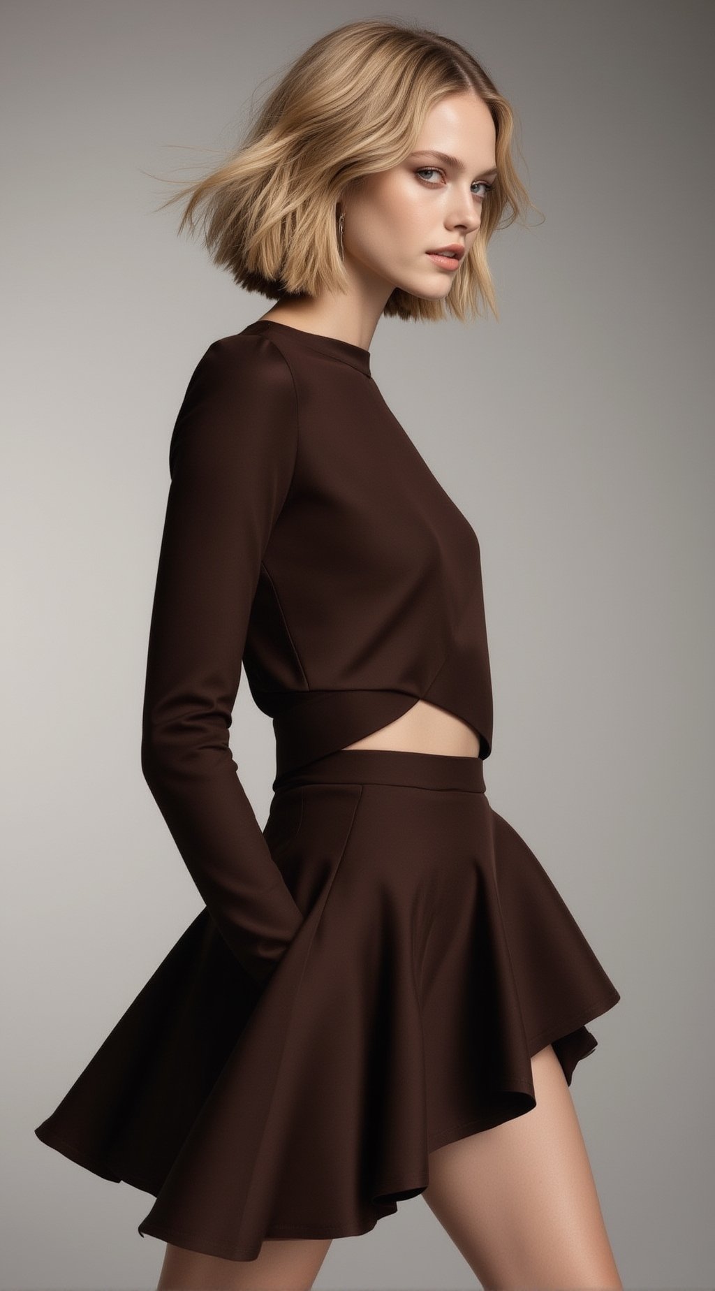 a high-fashion editorial portrait of a chic woman with a slender oval face,  higher cheekbones,  crisp jawline by EclipseK...