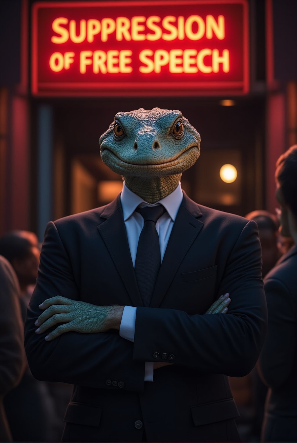 A sleek and imposing reptilian figure, dressed in a sharp suit, stands confidently in front of a crowd. Above it, a glowing neon sign reads 'Suppression of Free Speech,' casting an eerie light on the scene. The reptilian’s true face is hidden behind a smiling human mask, projecting an air of charm and authority. While the onlookers are captivated by the charismatic façade, subtle hints of its true nature peek through—the gleam of scales and cold, calculating eyes just visible at the edges of the mask. This scene captures the eerie contrast between the reptilian overlord's deceptive appearance and its sinister intent, embodying the hidden control exerted over humanity.
BREAK
detailed exquisite face,soft shiny skin,realistic,detailed,sharp focus,high contrast,rule of thirds,depth of perspective,award-winning photo,chiaroscuro lighting,ek_g1rl_02,ek_ph0t0_b00ster