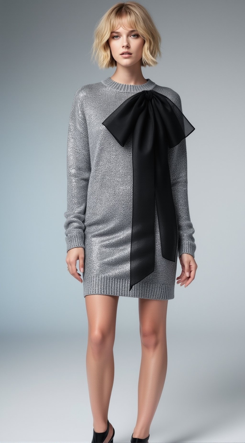 a full-body fashion editorial portrait of a chic woman with higher cheekbones,  slender oval face,  sharp almond eyes by E...