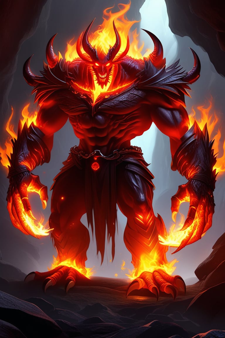 a devil monster stands in dark cave. He uses the magic ring and turns into the ultimate form of a fire magic \(ek_ge1frt\)...