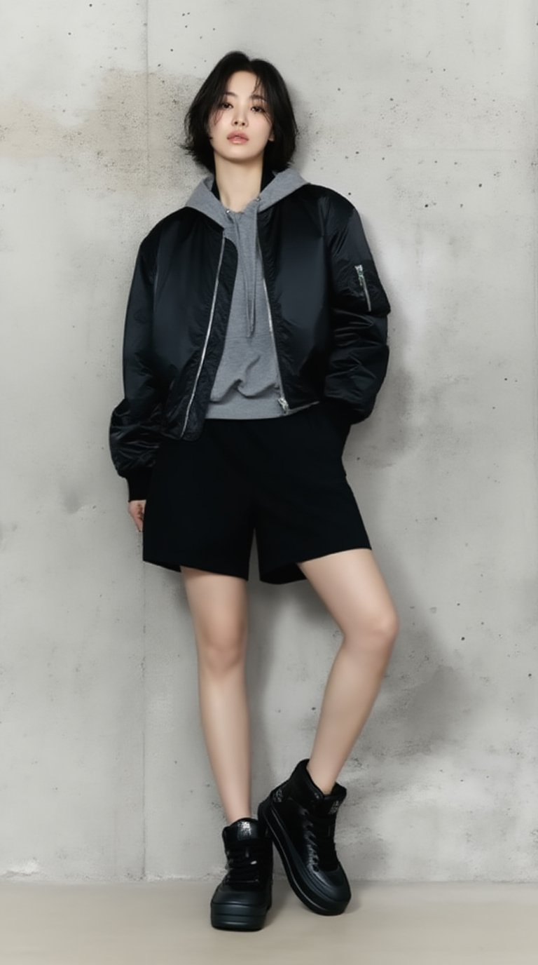 A high-fashion full-body editorial shot of a young korean woman standing confidently against a textured concrete wall,  to...