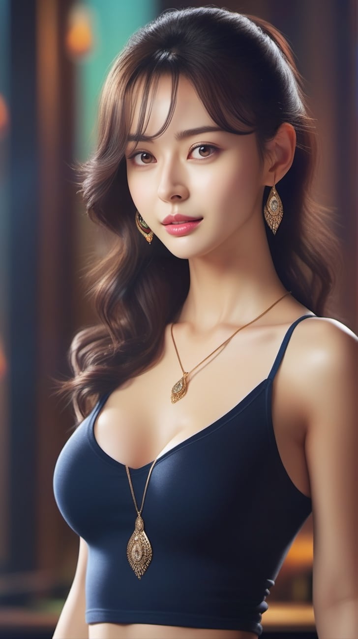 Very (detailed) illustration of a ((best quality)), ((masterpiece)), mesmerizing and alluring female, playful smirk, dishelved hair, detailed eyes, skinny tight clothes, [bare] shoulders, small earrings, necklaces, hourglass_figure, natural huge breasts, glossy skin, high contrast, [colorful], looking at viewer, full body, rule of thirds, cinematic lighting, very sexy pose, detailmaster2, kwon-nara-xlv2