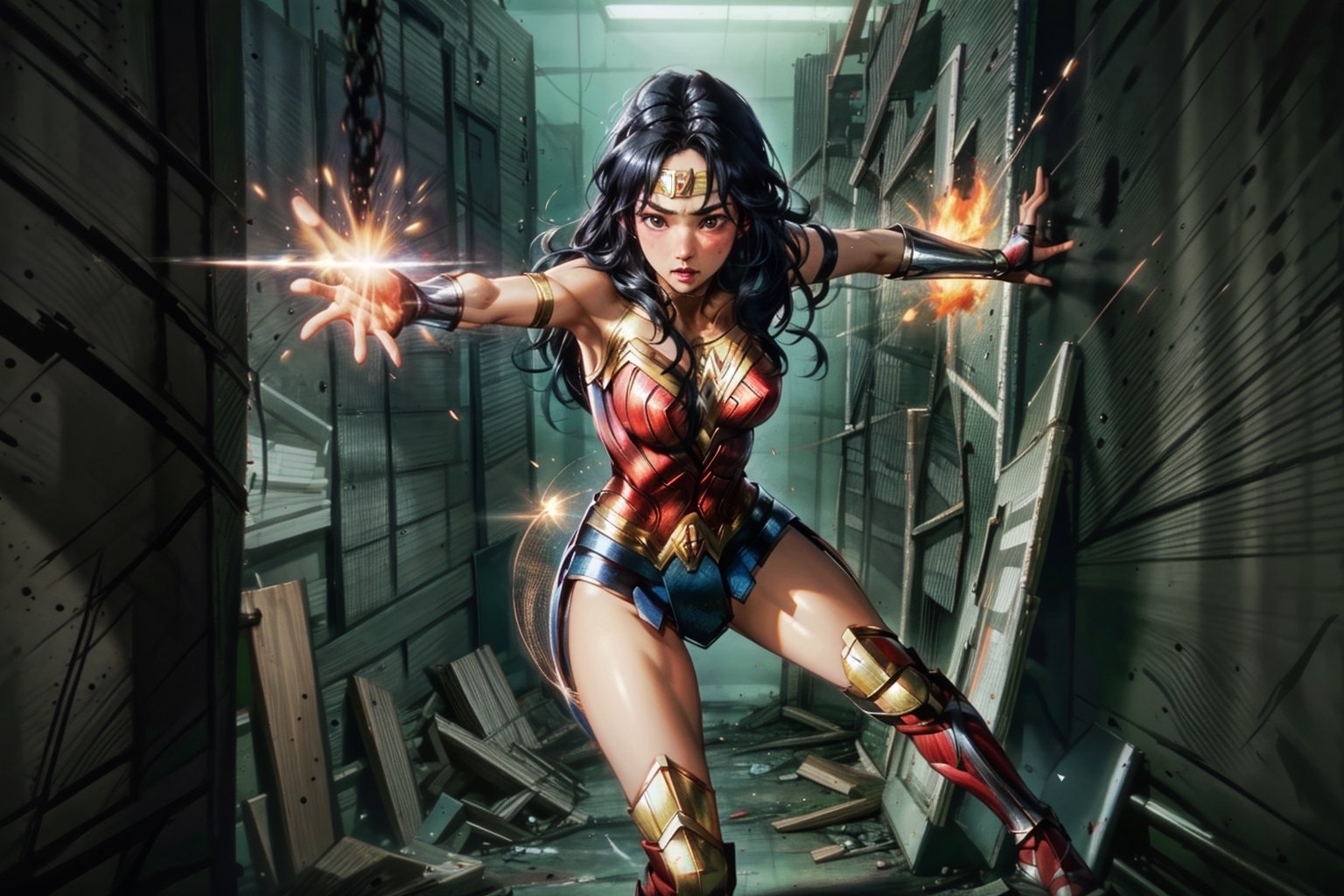 wonder women fighting against many monsters in the base BREAK wonder women hitting faces of monsters BREAK fires everywhere in the base BREAK  (masterpiece, best quality, ultra-detailed, 8K, realistic:1.2, intricate:1.2, rule of thirds), cinematic lighting, night, (dark environment),wonder_woman,kimtaeri