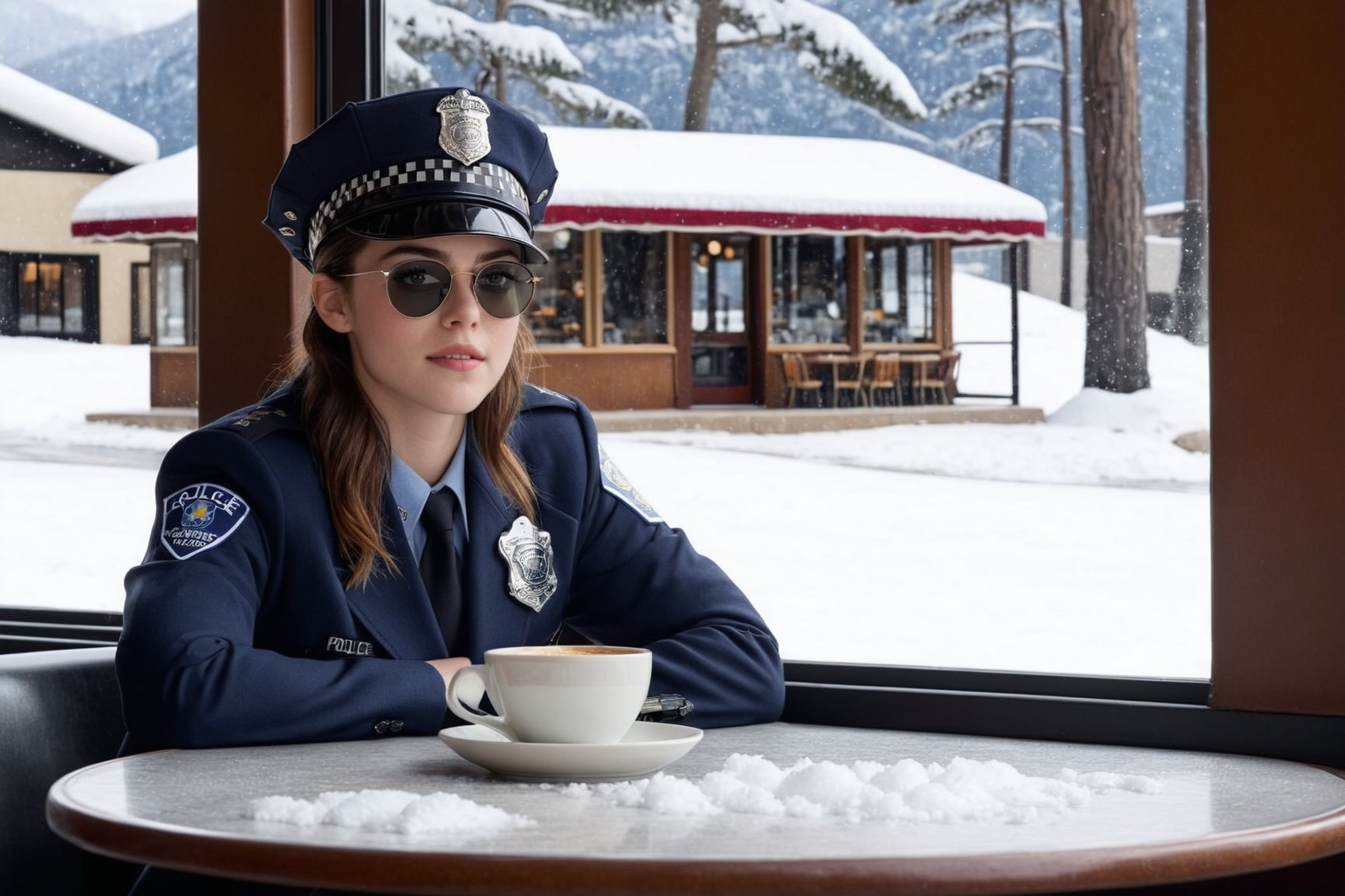 Hyper-Realistic photo of a beautiful LAPD police officer sitting in a cafe in winter resort,20yo,1girl,solo,LAPD police uniform,cap,detailed exquisite face,soft shiny skin,smile,looking at viewer,Kristen Stewart lookalike,cap,sunglasses,fullbody:1.3
BREAK
backdrop:cafe,table,coffee mug,window,snow,road,police car,tree,girl focus,[cluttered maximalism]
BREAK
settings: (rule of thirds1.3),perfect composition,studio photo,trending on artstation,depth of perspective,(Masterpiece,Best quality,32k,UHD:1.4),(sharp focus,high contrast,HDR,hyper-detailed,intricate details,ultra-realistic,kodachrome 800:1.3),(cinematic lighting:1.3),(by Karol Bak$,Alessandro Pautasso$,Gustav Klimt$ and Hayao Miyazaki$:1.3),art_booster,photo_b00ster, real_booster,w1nter res0rt