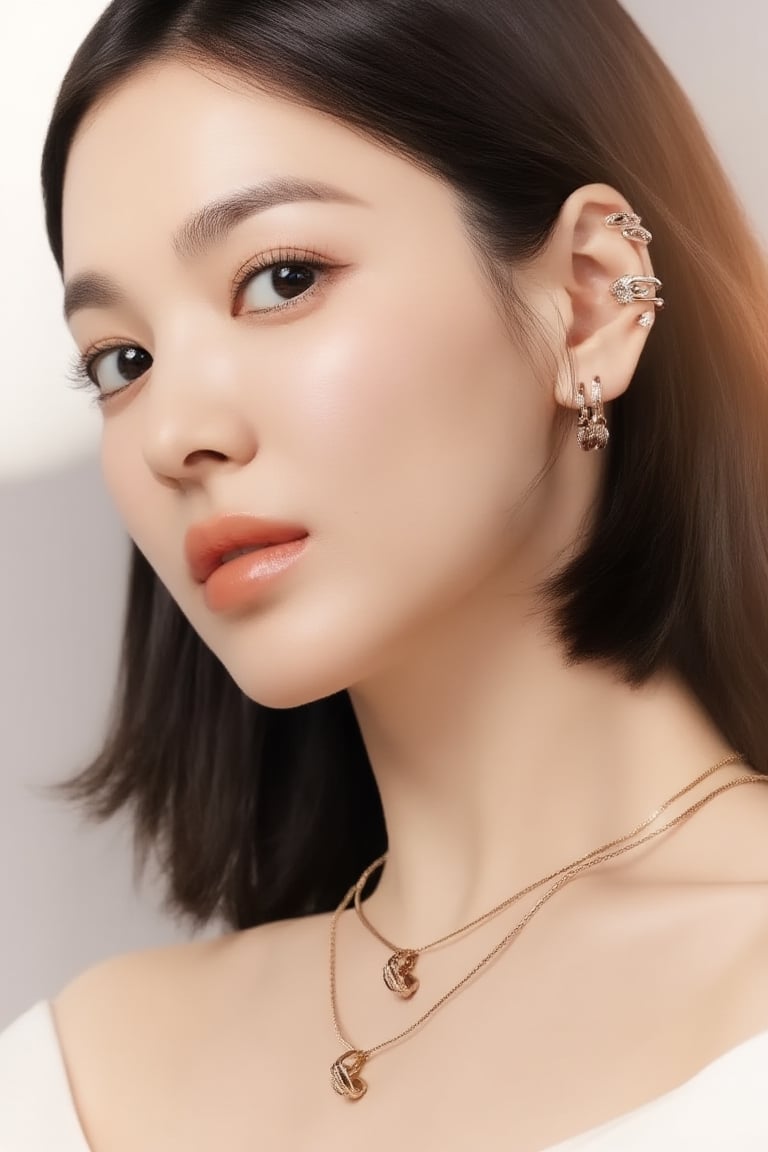 A high-end luxury beauty portrait of a 20yo woman with sleek straight long hair tucked behind the ear,  tight close-up fra...