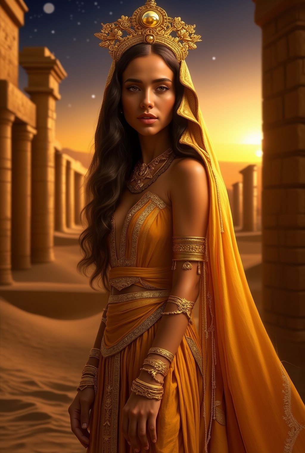 A mesmerizing goddess with an Egyptian flair, draped in flowing golden robes that shimmer like liquid light. Her skin is a warm, sun-kissed bronze, and her deep, almond-shaped eyes are lined with kohl, reminiscent of ancient Egyptian queens. She wears an ornate headdress adorned with intricate astrolabe designs, featuring small gears and celestial symbols that glow softly with a divine light.

Golden jewelry wraps around her arms and neck, with delicate chains that catch the light. Her posture is regal, and her expression is serene yet powerful, standing amidst ancient columns with celestial motifs. Behind her, the desert sands stretch into the horizon, illuminated by the warm glow of a setting sun, while stars begin to twinkle in the twilight sky.    realistic,detailed,sharp focus,high contrast,trending on artstation,rule of thirds,depth of perspective,chiaroscuro lighting.ek_ph0t0_b00ster,jisosmile,ct-identity,ek_art_b00ster,gal gadot,ek_real_b00ster,Hyoyeon