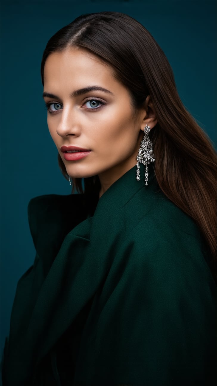 ((Hyper-Realistic)) upper body photo of a beautiful girl in photo studio,(20yo),1 girl,solo,French girl,detailed exquisite face,soft shiny skin,lipstick,blue eye make-up,looking at viewer,long brunette hair flowing over her shoulder naturally,perfect female form,playful smirks,mesmerizing,earrings, necklace,elegant jacket,(Modern Green,Hazel Brown and Cream color),night,(dark:1.2),blue background,cluttered maximalism
BREAK
settings:(rule of thirds),perfect composition,depth of perspective,(masterpiece,best quality,32K,UHD 32K,HDR,untra-detailed,intricate details,hyper-realistic,award-winning photo,Kodachrome 800:1.2),(chiaroscuro lighting:1.2)
BREAK
(by Antonio Lopez,Diego Koi,David Parrish,Sebastiao Salgado and Steve McCurry), ek_real_b00ster,ek_art_b00ster,ek_ani_b00ster,ek_photo_booster