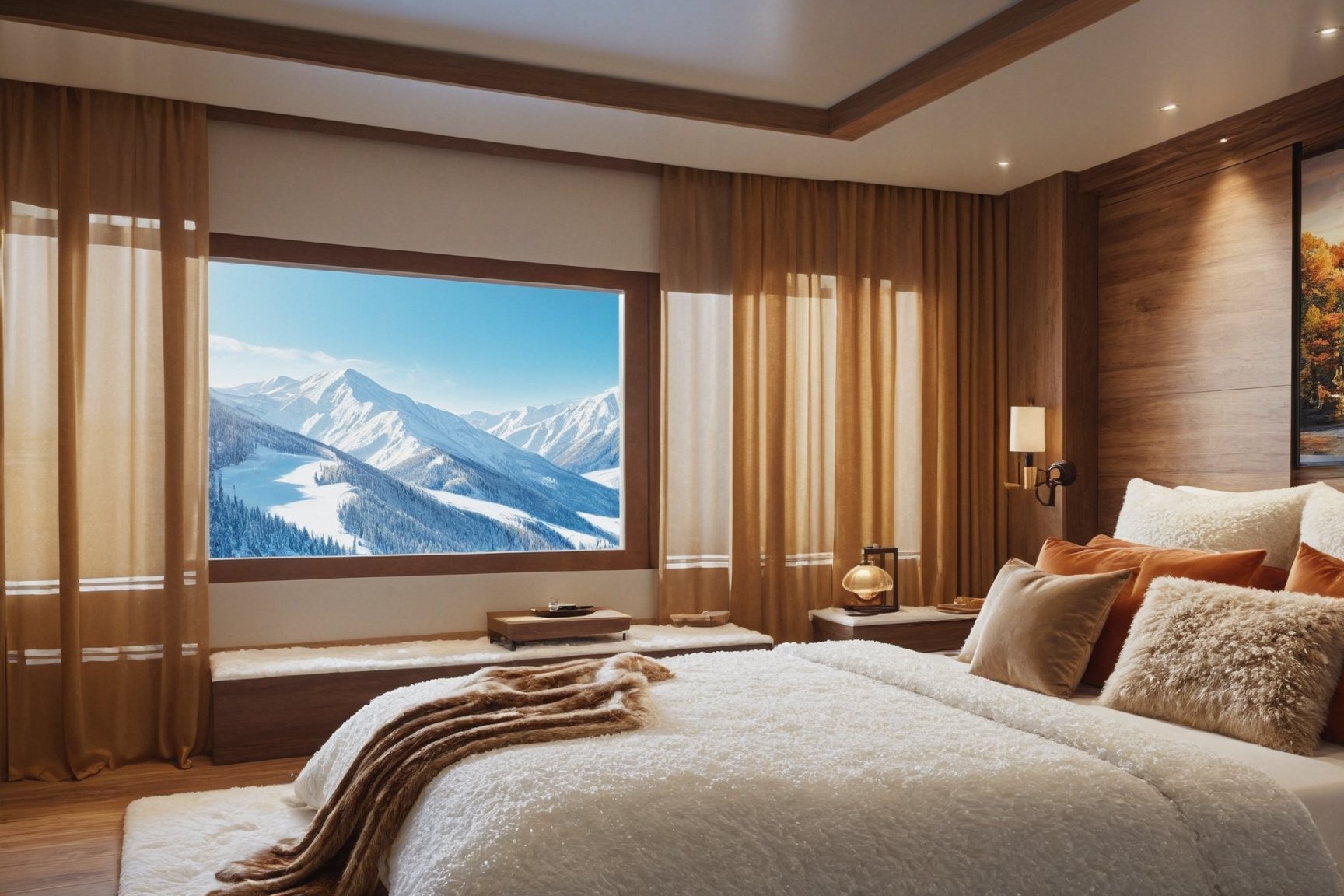 ((Hyper-Realistic)) photo of luxurious modern bedroom in a cabin of winter resort,indoors,
(luxurious furnitures:king size bed,pillow,lamp,curtains, window,big screen TV,mirror,ceiling light),curtains, window,snow,tree
BREAK
aesthetic,rule of thirds,depth of perspective,studio photo,trending on artstation,(Hyper-realistic photography,masterpiece,ultra-detailed,intricate details,16K,sharp focus,high contrast,kodachrome 800,HDR:1.3),by Antonio Lopez,Diego Koi,David Parrish,Canaletto and Samuel Silva,
w1nter res0rt,H effect,art_booster,ani_booster,w1nter res0rt