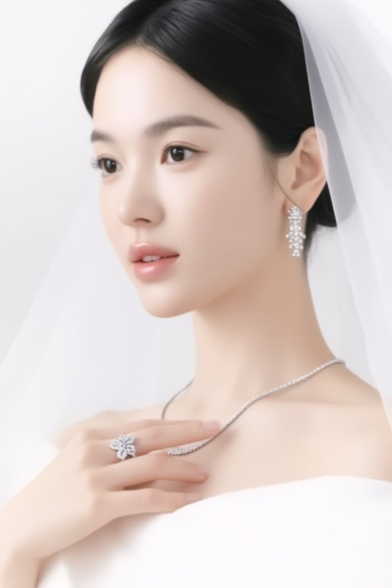 High-end bridal jewelry editorial portrait,  refined woman in three-quarter profile,  soft confident gaze by EclipseKww on...