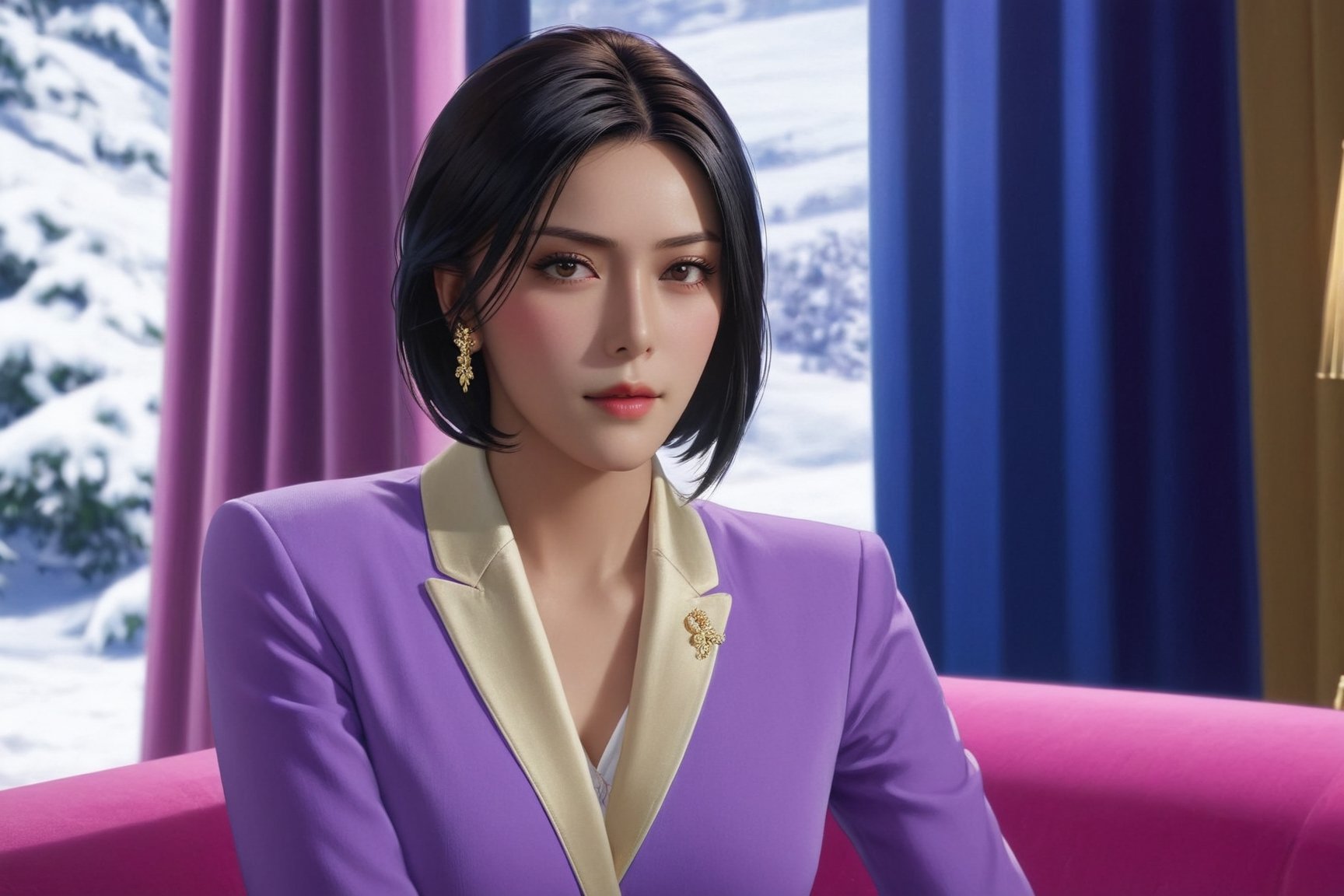 portrait of a sophisticated girl,20yo,sitting in the livingroom sofa of resort cabin,alluring neighbor's wife,clear facial features,detailed exquisite face,perfect female form,elegant jacket on shirt and short skirt,detailed backdrop,(Royal Blue,Lilac Blush,Gold Raspberry,Ivory color),
trending on artstation,perfect composition,cinematic lighting,(anime vibes:1.2),kuchiki rukia,real_booster, ani_booster,niji5,art_booster,(wide shot:1.4) 
BREAK
(Livingroom of cabin: table,sofa,TV on the wall,curtains,window,snow tree view outside window,luxurious interior:1.3), w1nter res0rt