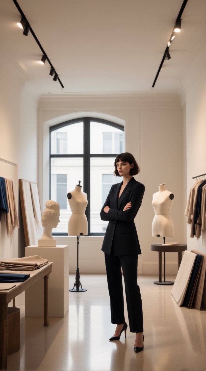 A full-body high-fashion editorial portrait of a young woman standing in an elegant fashion house interior,  framed head t...