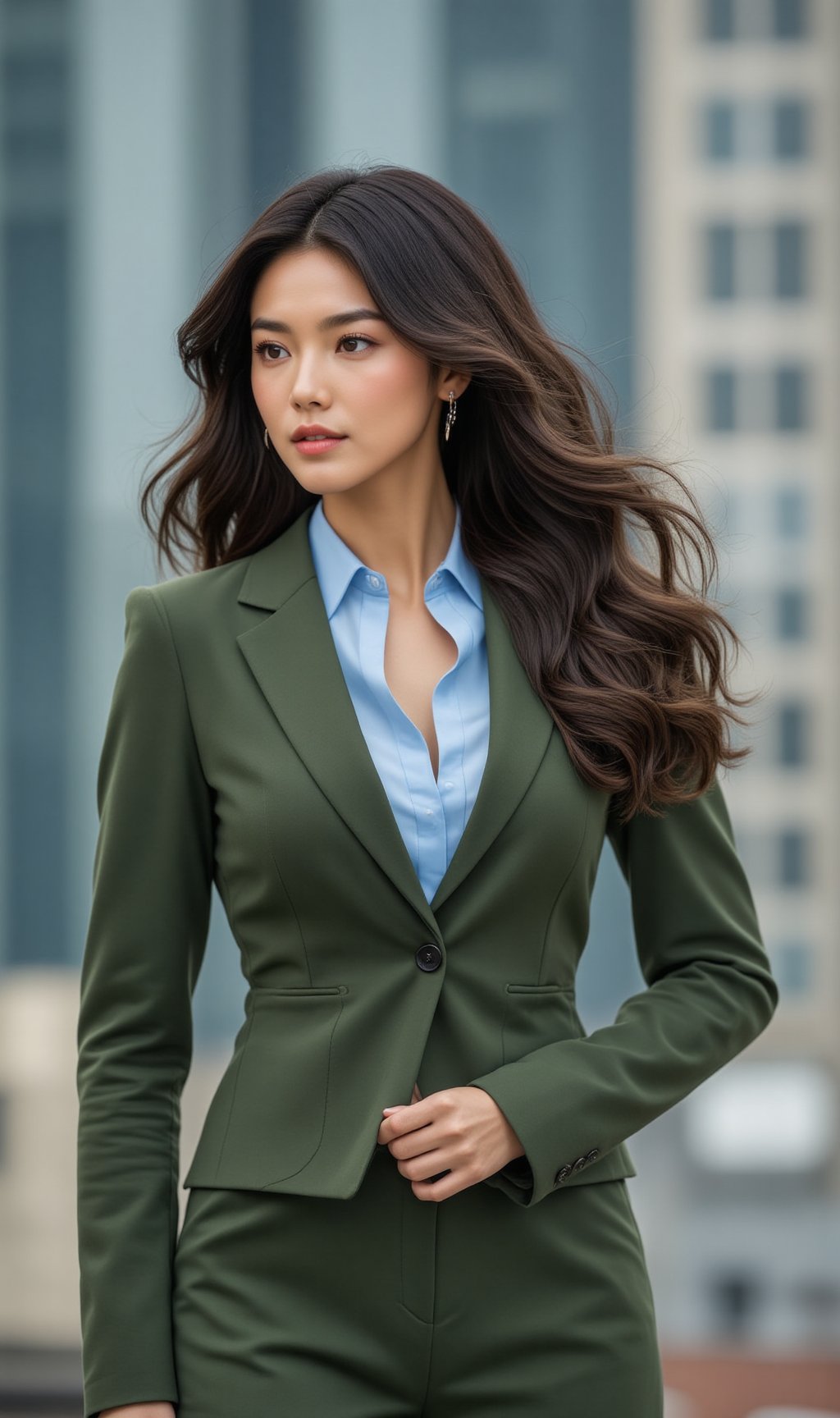 A stunning and elegant young female lawyer stands confidently, exuding both beauty and professionalism. She wears a tailored modern green blazer over a sleek light blue blouse, paired with a pencil skirt that accentuates her poised, powerful presence. Her long, glossy hair falls perfectly over her shoulders, while subtle makeup enhances her natural features, giving her a sophisticated, yet alluring charm. A pair of stylish high heels and minimalistic silver jewelry complete her look. With a sharp, focused expression and graceful posture, she radiates intelligence, ambition, and undeniable allure. ek_ph0t0_b00ster,ek_g1rl_02