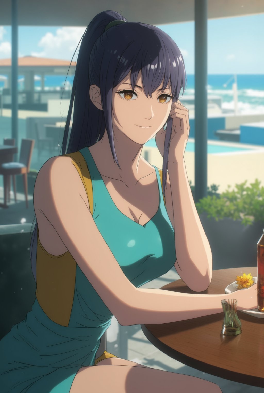 Anime of a beautiful woman in a cafe,Makima  lookalike,exquisite face,soft shiny skin,elegant dress,[Turquoise,Baby Blue,Mustard Yellow snd Gray colors],backdrop of oceanview cafe,window,table,beer mug,bottle,flower,realistic,detailed,sharp focus,high contrast,rule of thirds,chiaroscuro lighting,by the style of makoto shinkai's artworks,,ek_art_b00ster,ek_an1_b00ster,flux_makima