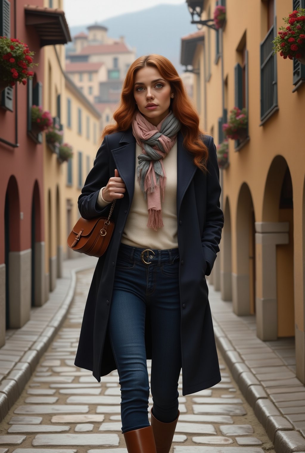 A stunning 20-year-old woman with a chic, contemporary style, strolling along a cobblestone street in a quaint European village. Her auburn hair is styled in loose waves that cascade over her shoulders, highlighting her warm brown eyes and soft, radiant complexion.
She wears a fitted, navy blue trench coat cinched at the waist, over a cream-colored turtleneck sweater, paired with ankle-length, dark denim jeans that flatter her figure. On her feet, she wears classic, tan leather ankle boots, and a delicate scarf in shades of blush pink and gray drapes around her neck. A vintage-inspired leather satchel hangs from her shoulder, adding a touch of rustic charm. Her expression is thoughtful yet serene, capturing a moment of quiet elegance as she enjoys a leisurely walk, surrounded by charming old-world architecture and flower-filled window boxes. realistic,detailed,sharp focus,high contrast,trending on artstation,rule of thirds,depth of perspective,chiaroscuro lighting.ek_ph0t0_b00ster,jisosmile