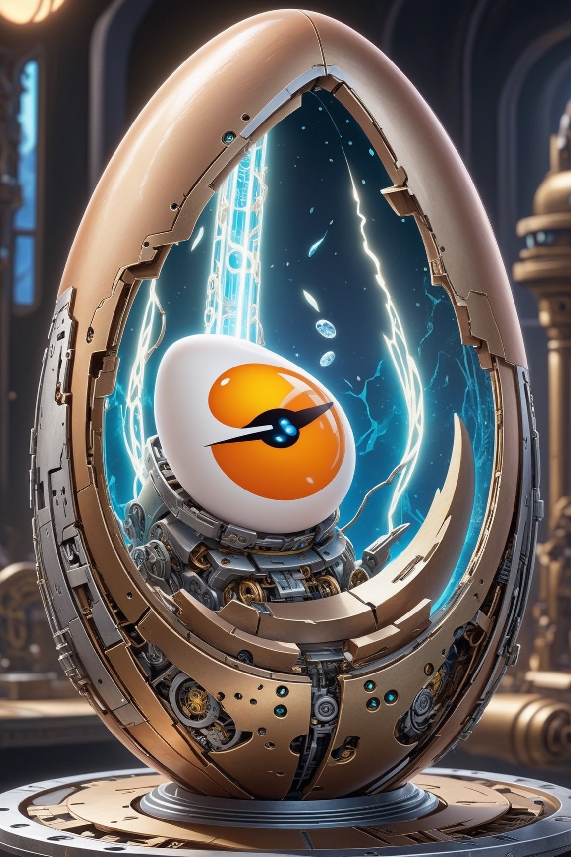 Highly detailed anime of a futuristic mechnical Egg in a secret spaceship,intricate machine parts,(the egg shell is partially broken and open),(beautiful hand with vibrant lights stretched out of the broken shell:1.2),(Some surfaces are transparent, revealing the light from within),(Intense light seeping through the opening of mechanical parts and broken holes:1.2),steampunk,cyberpunk,vibrant colors,(Disney Pixar-style:1.3)
BREAK 
(anime vibes:1.3),rule of thirds,studio photo,(masterpiece,best quality,trending on artstation,8K,Hyper-detailed,intricate details:1.3),cinematic lighting,aesthetic maximalism,by Karol Bak,Antonio López,Gustav Klimt and Hayao Miyazaki, ani_booster,real_booster,art_booster,photo_b00ster