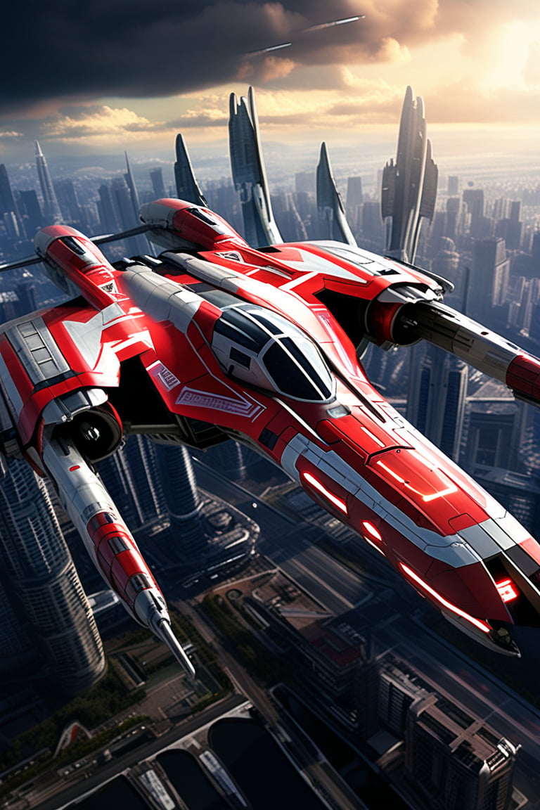 A realistic photo of starship x-wing starfighter in Star Wars universe,  red striped body,  flying over a futuristic city...
