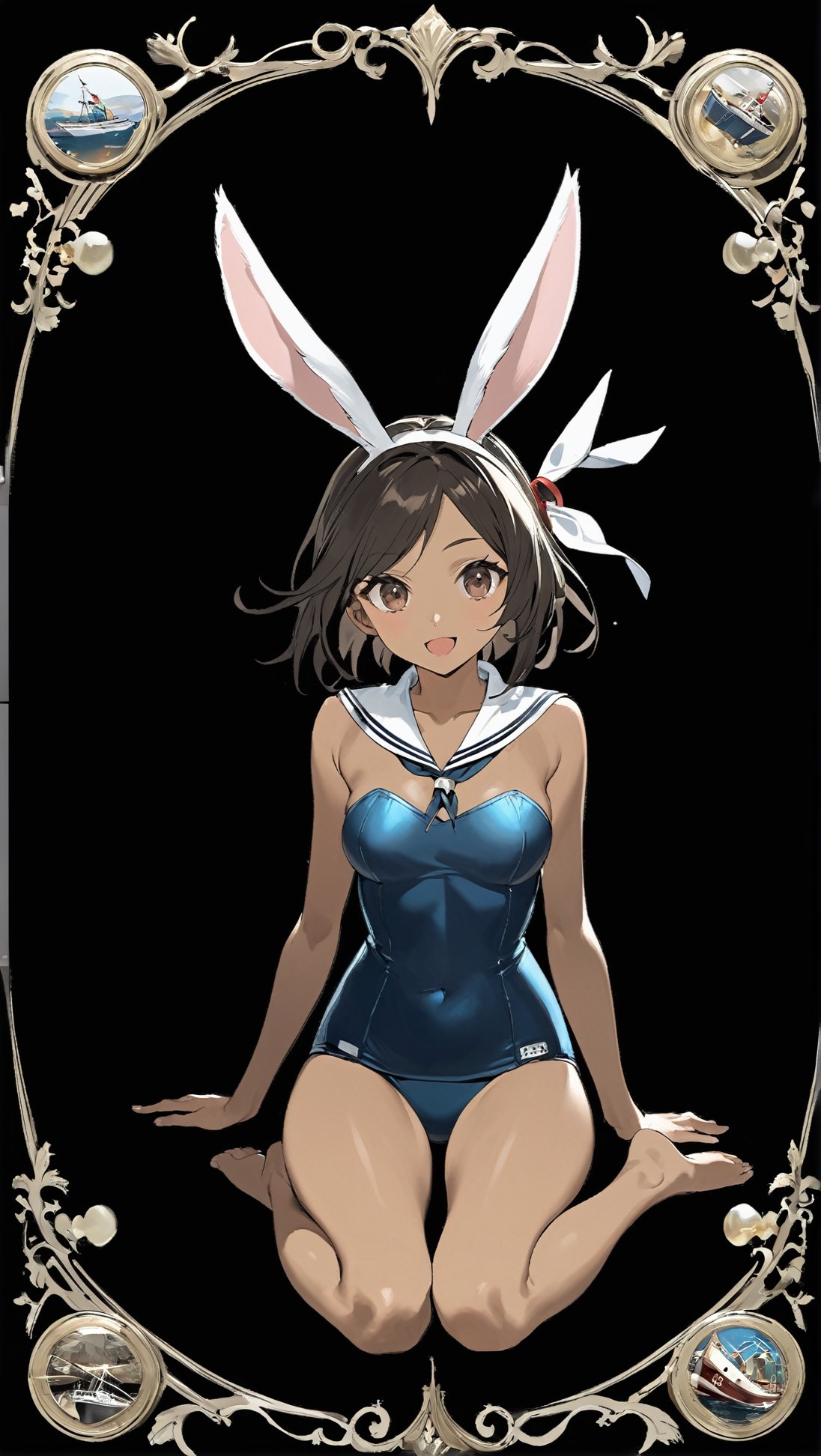 Hyper-Detailed Anime of I-26 \(Azur Lane\),1girl, solo, breasts, looking at viewer, smile, short hair, open mouth, simple background, brown hair, black hair, animal ears, bare shoulders, brown eyes, sitting, swimsuit, full body, small breasts, barefoot, dark skin, sailor collar, rabbit ears, dark-skinned female, one-piece swimsuit, strapless, covered navel, detached collar, school swimsuit, black background, index finger raised, bubble, white sailor collar, blue one-piece swimsuit, toeless legwear, watercraft, torpedo, strapless swimsuit,cluttered maximalism
BREAK
(rule of thirds:1.3),(thick drawing lines:1.3),perfect composition,studio photo,trending on artstation,(Masterpiece,Best quality,32k,UHD,sharp focus,high contrast,HDR,hyper-detailed,intricate details,ultra-clear:1.3),(cinematic lighting),by Karol Bak,Gustav Klimt and Hayao Miyazaki,ani_booster,real_booster,art_booster