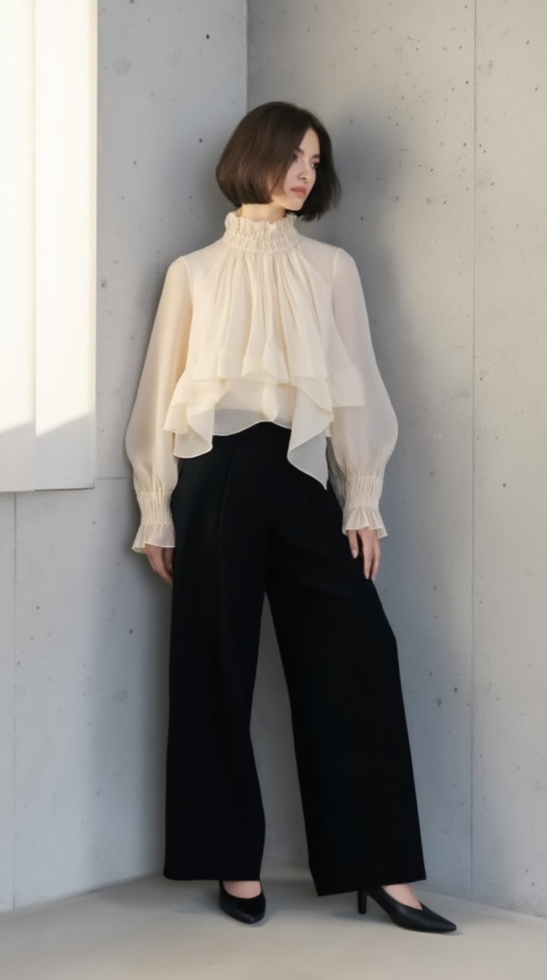 A high-end editorial fashion photo of a 20yo short tousled bob woman leaning against a minimal concrete wall,  full-body v...