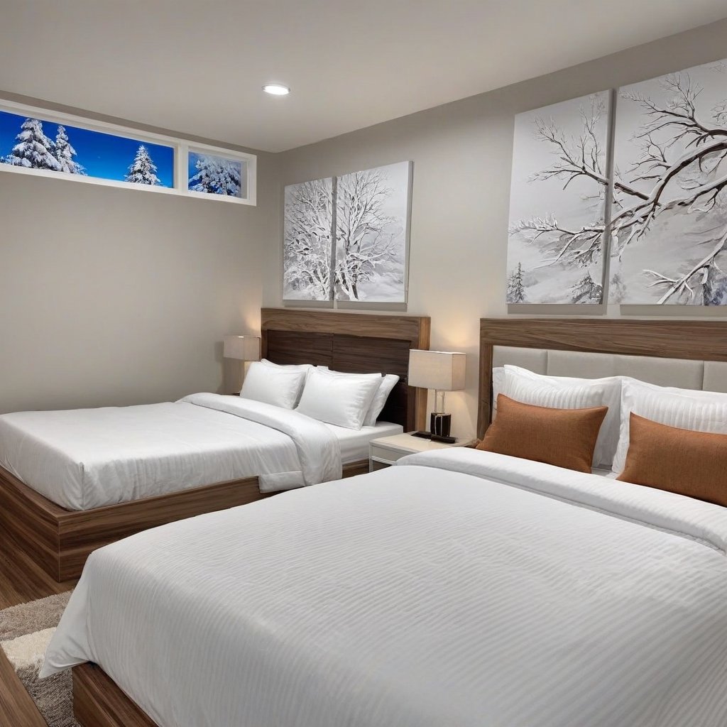 A realistic photo of bed room in winder resort1,winter resort1,hyper detailed,16K,HDR,hyper-realistic,sharp focus,high contrast