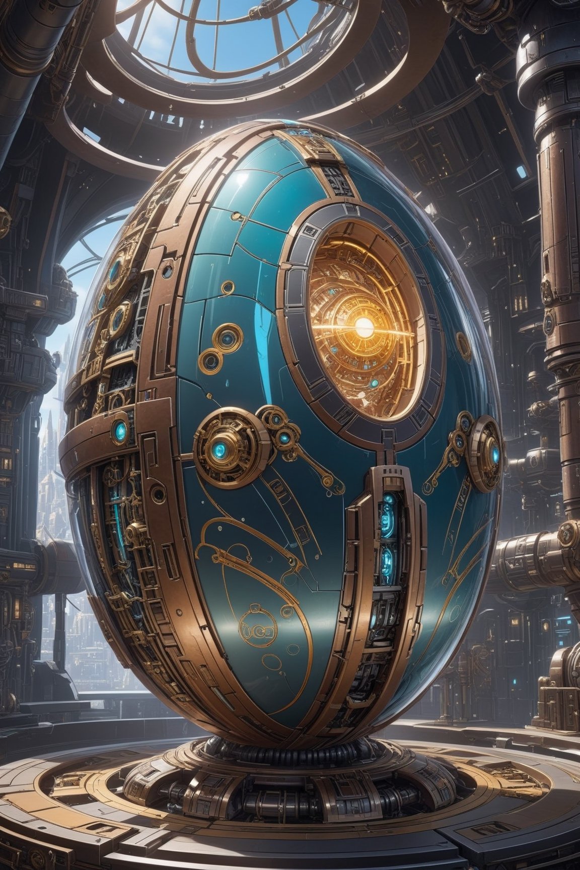 Highly detailed anime of a futuristic mechnical Egg in a secret spaceship,intricate machine parts,(Strong light is gleaming from within),(Some surfaces are transparent, revealing the light from within),(Intense light seeping through the gaps of mechanical parts:1.2),steampunk,cyberpunk,vibrant colors,(Disney Pixar-style:1.3)
BREAK 
(anime vibes:1.3),rule of thirds,studio photo,(masterpiece,best quality,trending on artstation,8K,Hyper-detailed,intricate details:1.3),cinematic lighting,aesthetic maximalism,by Karol Bak,Antonio López,Gustav Klimt and Hayao Miyazaki, ani_booster,real_booster,art_booster,photo_b00ster