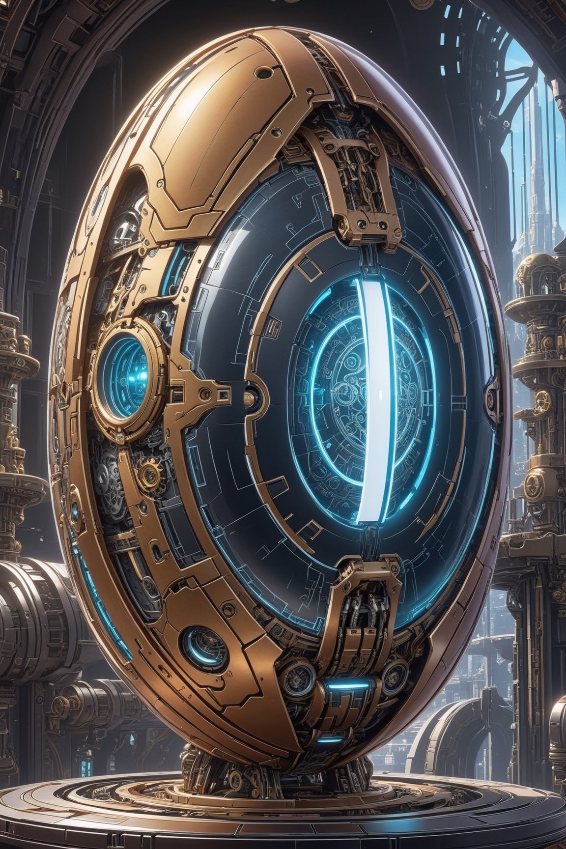 Highly detailed anime of a futuristic mechnical Egg in a secret spaceship,intricate machine parts,(Strong light is gleaming from within),(Some surfaces are transparent, revealing the light from within),(Intense light seeping through the gaps of mechanical parts:1.2),steampunk,cyberpunk,vibrant colors,(Disney Pixar-style:1.3)
BREAK 
(anime vibes:1.3),rule of thirds,studio photo,(masterpiece,best quality,trending on artstation,8K,Hyper-detailed,intricate details:1.3),cinematic lighting,aesthetic maximalism,by Karol Bak,Antonio López,Gustav Klimt and Hayao Miyazaki, ani_booster,real_booster,art_booster,photo_b00ster