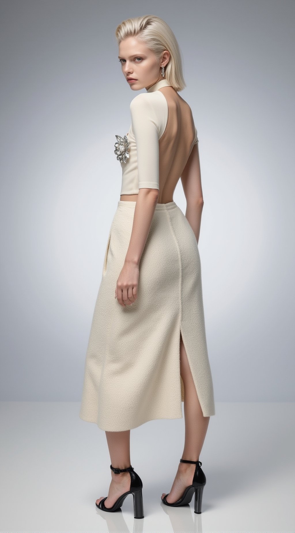 a full-body high-fashion editorial portrait of a chic woman with higher cheekbones,  a slender oval face,  sharp almond ey...