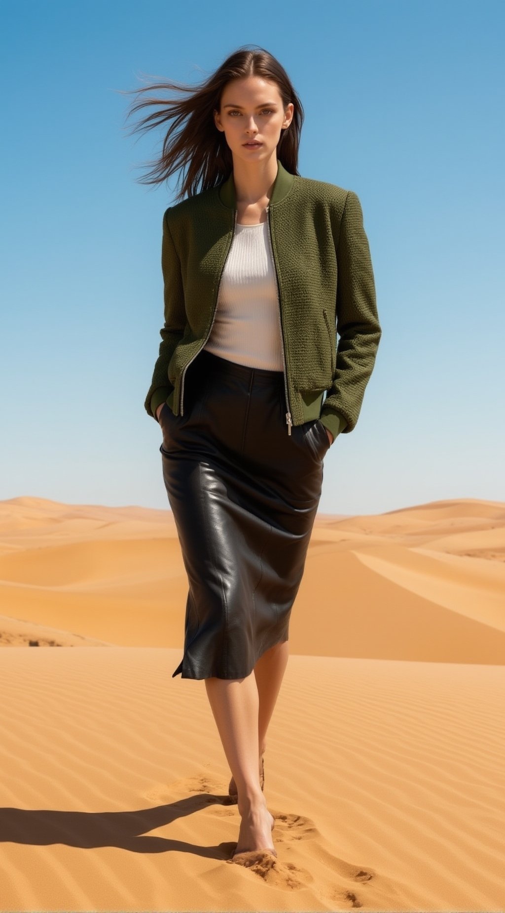 a full-body high-fashion editorial shot of a chic woman with a slender oval face,  high cheekbones,  sharp almond eyes by...