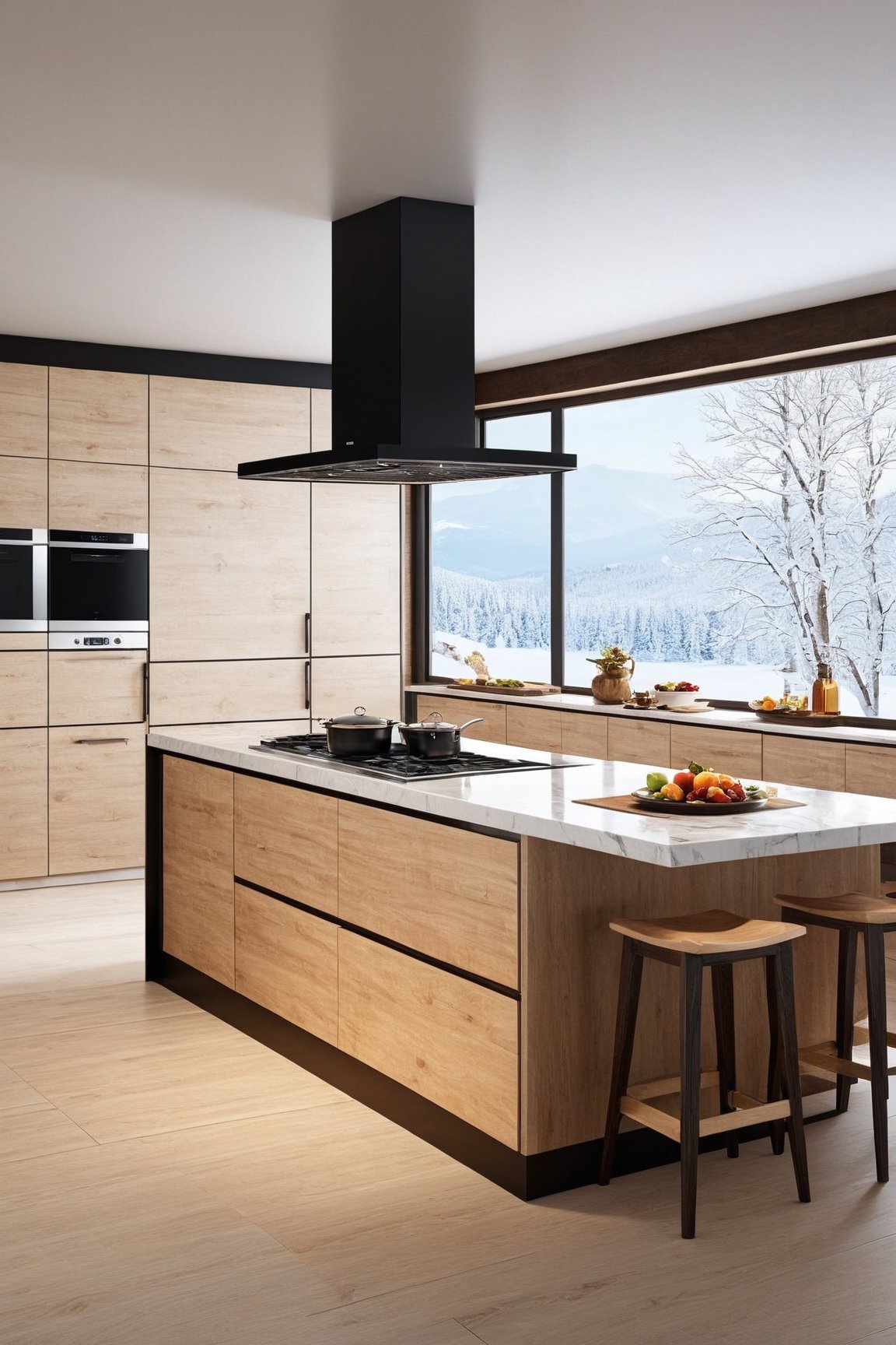 ((Hyper-Realistic)) photo of luxurious modern kitchen in a cabin of winter resort,countertop,electric stove,cabinet,dining table with 4 chairs,tiled wall,refrigerator,window,curtains,ceiling chandelier,door, black and white and maple colors
BREAK
aesthetic,rule of thirds,depth of perspective,studio photo,trending on artstation,(Hyper-realistic photography,masterpiece,ultra-detailed,intricate details,16K,sharp focus,high contrast,kodachrome 800,HDR:1.2),by Antonio Lopez,Diego Koi,David Parrish,Canaletto and Samuel Silva,
w1nter res0rt,H effect,art_booster,ani_booster