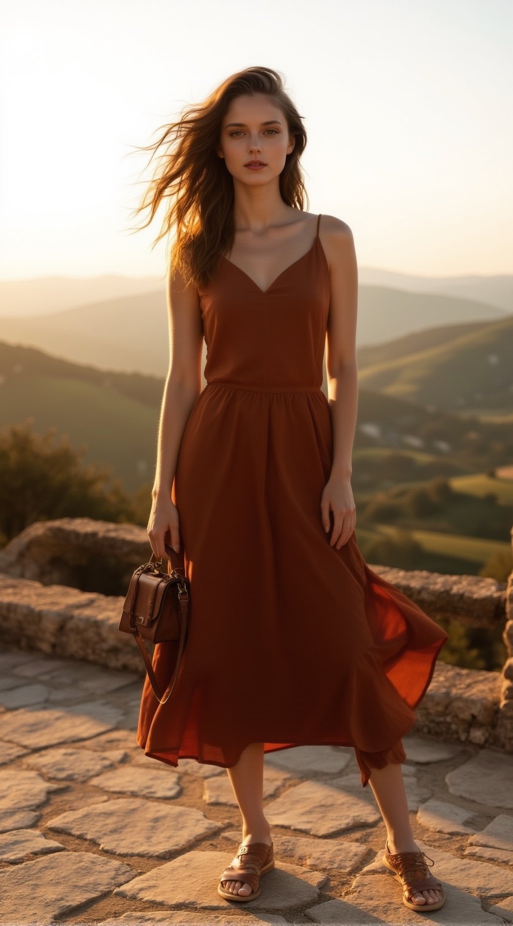 a high-fashion editorial portrait of a beautiful young woman standing on a sunlit stone terrace overlooking rolling countr...