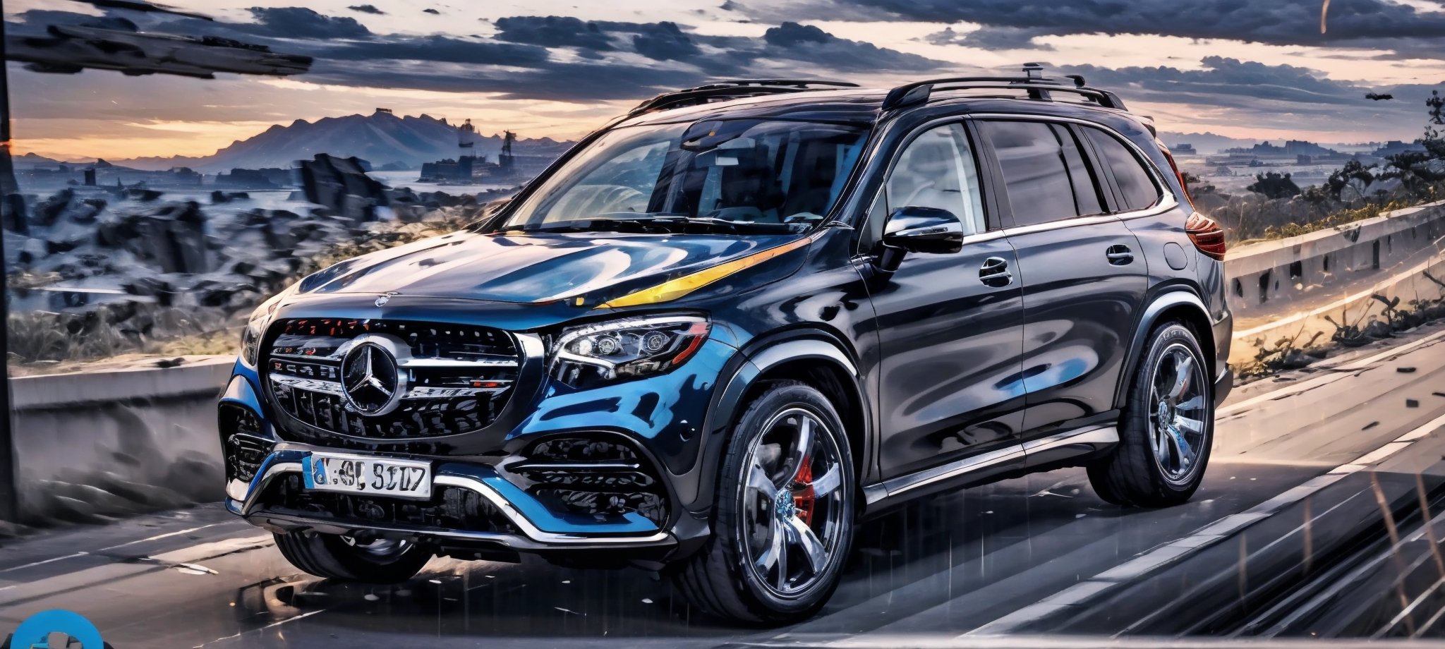 dark irony gray with blue undertone color futuristic 4x4 luxury sports SUV, spinning wheels, mercedes-maybach style alloy rims with red edges, toyota tentury suv, porsche, honda crv, brabus, subaru, nissan, mitsubishi