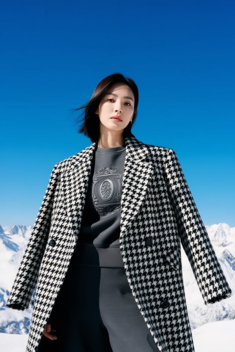 A high-end fashion editorial medium shot of a modern 20yo korean woman with elegant short hair,  fully visible face with n...