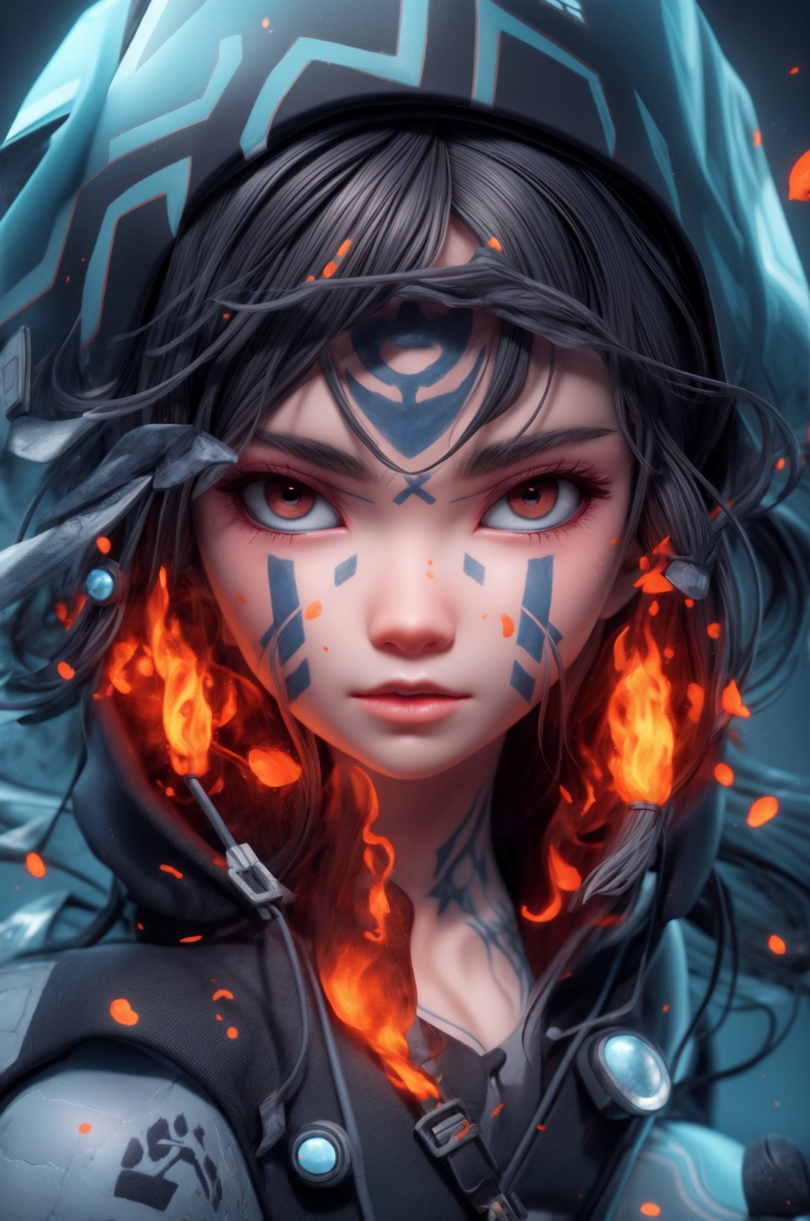 a close up of a person wearing a hoodie, inspired by rossdraws, Artstation contest winner, a young female shaman, unreal engine 5 4 k uhd image, andreas rocha style, fire eyes, intricate ornate anime cgi style, portrait of apex legends, warrior girl, detailed unblurred face, 8k render”, High Detailed, chibi