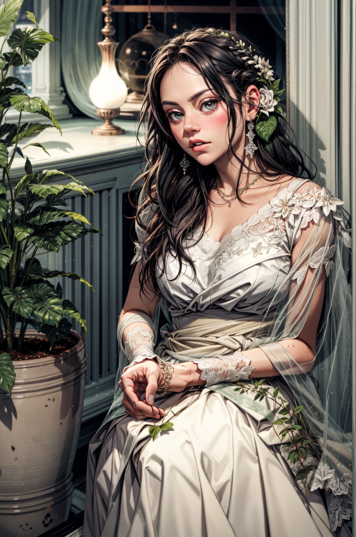 a woman sitting next to a potted plant, a portrait, instagram, wearing a sari, white lace clothing, dreamy mila kunis, soft lighting from above, wearing ivory colour dress, hand on her chin, top - down photograph, wearing organza gown, over the shoulder, close up portrait shot, half moon, actress, bride, candid picture, high detailed