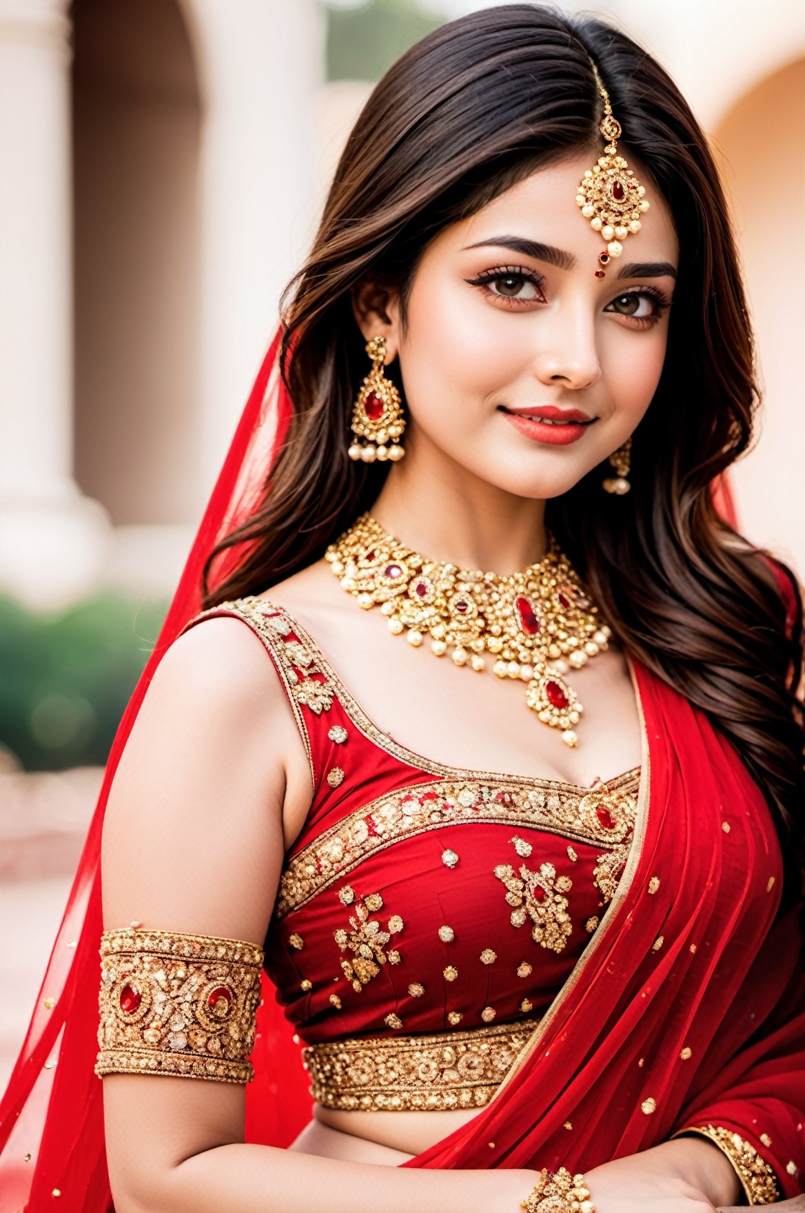 Ultradetailed, 1girl , Indian, wearing red ghagra choli, gentle features, jewellery, perfect female figure, (dimple on cheek:1.5), bold beauty, big tight boobs, gentle smile on face , (goddess beauty:1.5), (cinematic shot:1.5), royal Indian palace background, Bokeh, 8k, 4k, uhd, nsfw,