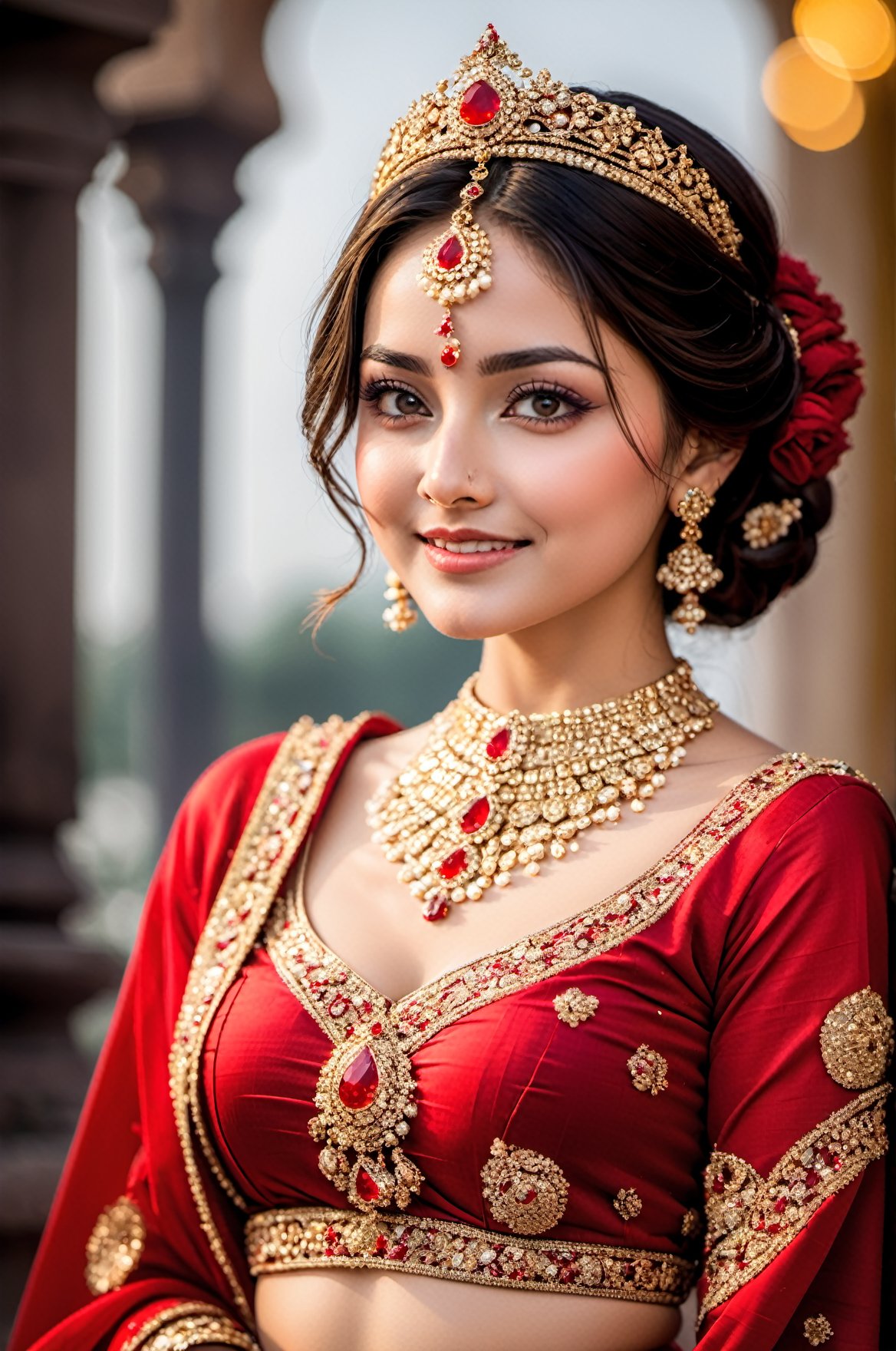 Ultradetailed, 1girl , Indian, wearing red ghagra choli, gentle features, jewellery, perfect female figure, (dimple on cheek:1.5), bold beauty, big tight boobs, gentle smile on face , (goddess beauty:1.5), (cinematic shot:1.5), royal Indian palace background, Bokeh, 8k, 4k, uhd, nsfw,