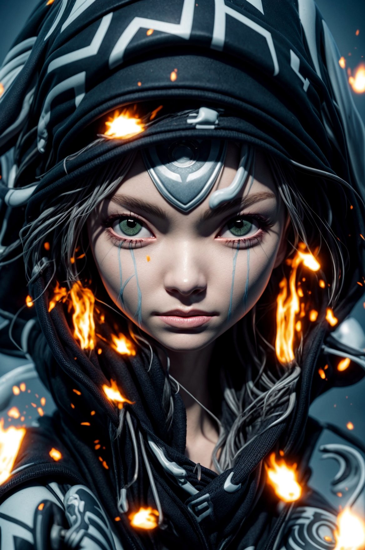 a close up of a person wearing a hoodie, inspired by rossdraws, Artstation contest winner, a young female shaman, unreal engine 5 4 k uhd image, andreas rocha style, fire eyes, intricate ornate anime cgi style, portrait of apex legends, warrior girl, detailed unblurred face, 8k render”, High Detailed, chibi