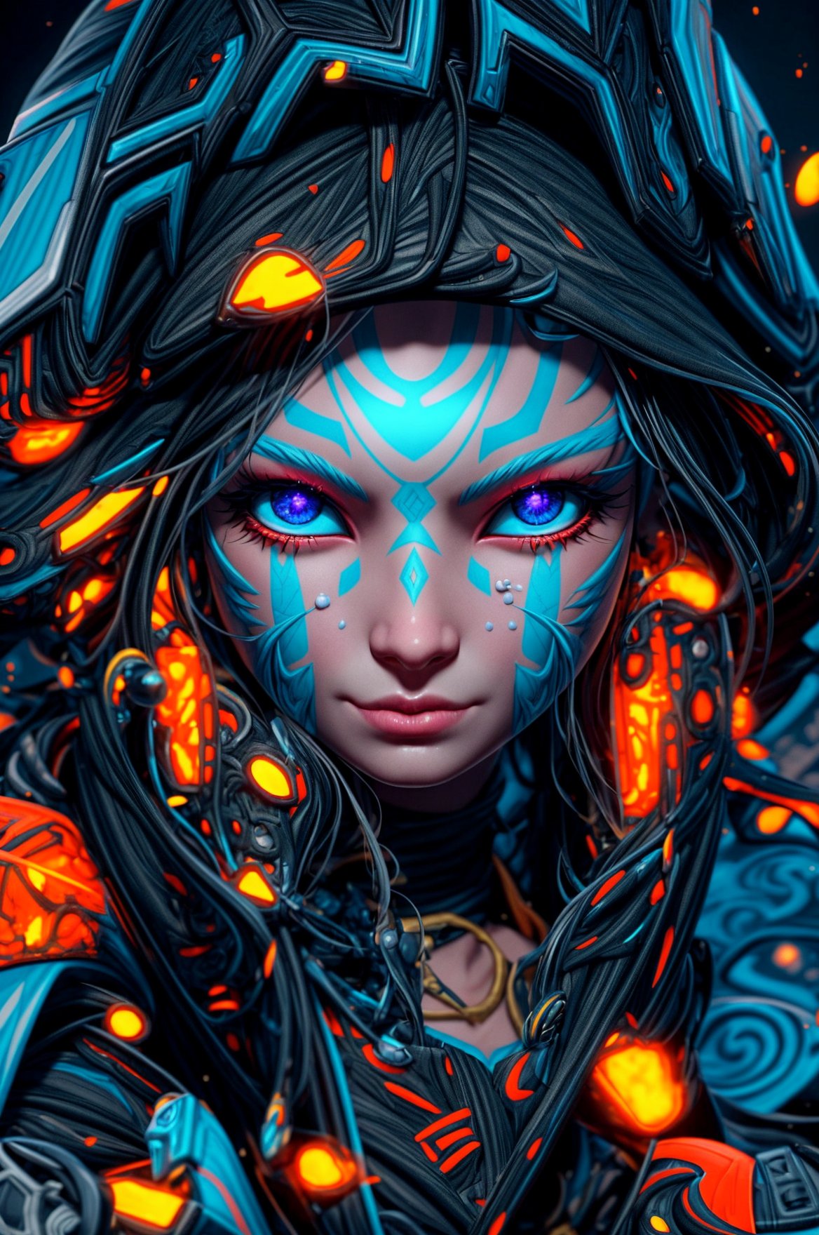 a close up of a person wearing a hoodie, inspired by rossdraws, Artstation contest winner, a young female shaman, unreal engine 5 4 k uhd image, andreas rocha style, fire eyes, intricate ornate anime cgi style, portrait of apex legends, warrior girl, detailed unblurred face, 8k render”, High Detailed,3DMM