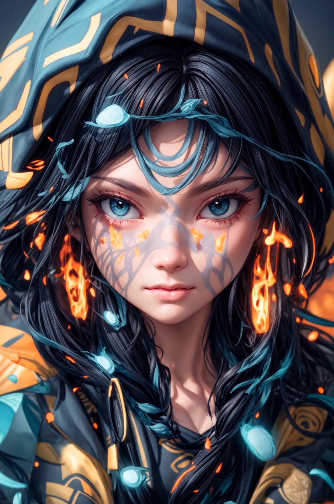 a close up of a person wearing a hoodie, inspired by rossdraws, Artstation contest winner, a young female shaman, unreal engine 5 4 k uhd image, andreas rocha style, fire eyes, intricate ornate anime cgi style, portrait of apex legends, warrior girl, detailed unblurred face, 8k render”, High Detailed, chibi