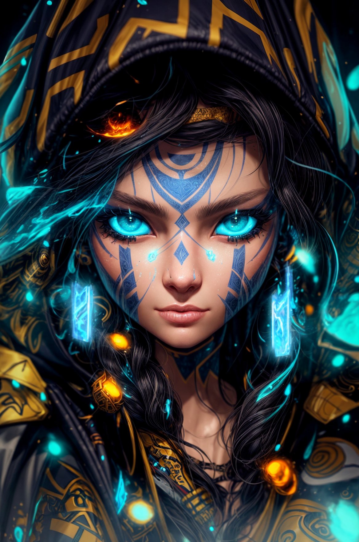 a close up of a person wearing a hoodie, inspired by rossdraws, Artstation contest winner, a young female shaman, unreal engine 5 4 k uhd image, andreas rocha style, fire eyes, intricate ornate anime cgi style, portrait of apex legends, warrior girl, detailed unblurred face, 8k render”, High Detailed