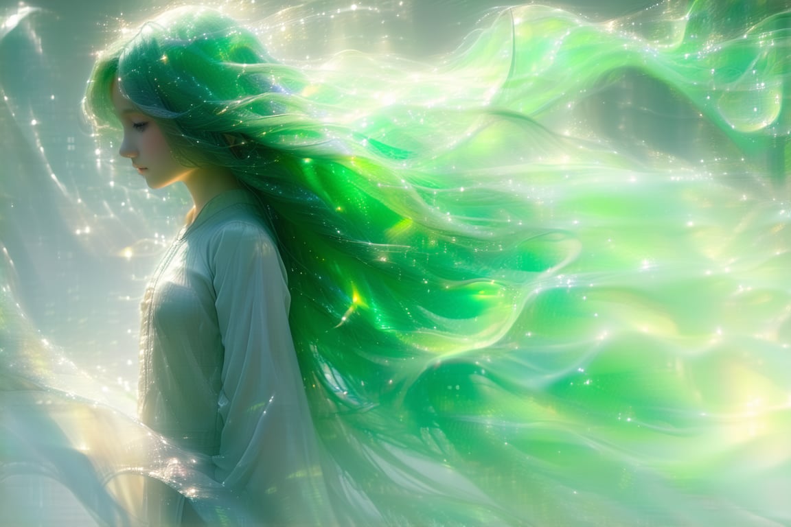 A serene and surreal illustration depicts a young girl. Her long, flowing locks of radiant light green hue cascade around her like liquid, gently caressing the surrounding environment. The entirety of her body is shrouded in mystery, with only hints of form and shape visible beneath the mesmerizing veil of her hair.