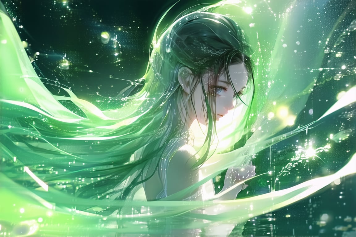 A serene and surreal illustration depicts a young girl. Her long, flowing locks of radiant light green hue cascade around her like liquid, gently caressing the surrounding environment. The entirety of her body is shrouded in mystery, with only hints of form and shape visible beneath the mesmerizing veil of her hair.