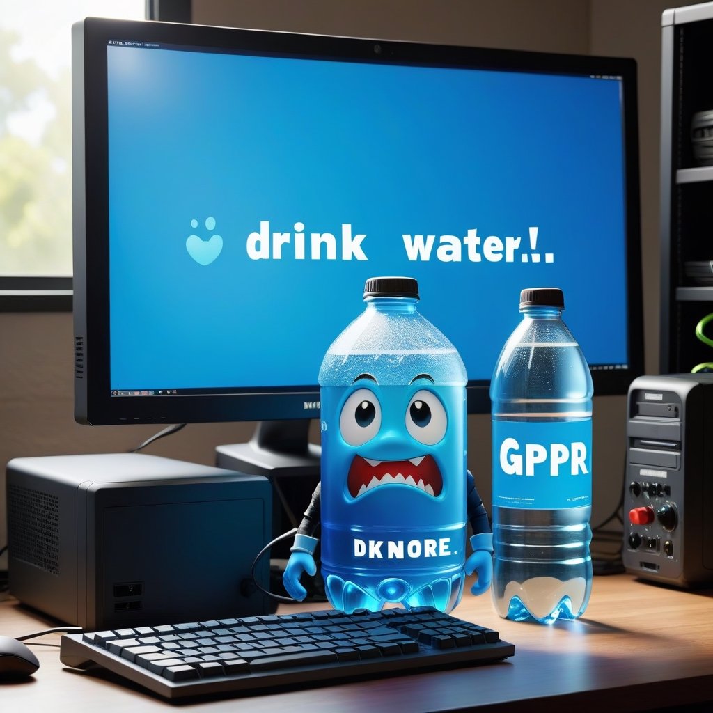 Pixar animation of a bottle of water standing next to gaming computer screen, desperate face, , holding sign (text: drink more water!),Sneakers Design,grbtw artstyle