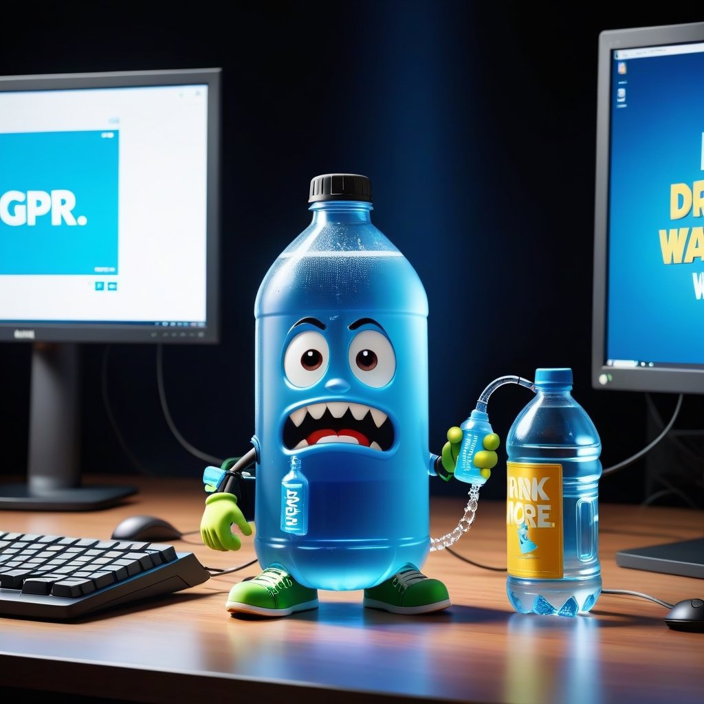 Pixar animation of a bottle of water standing next to gaming computer screen, desperate face, , holding sign (text: drink more water!),Sneakers Design,grbtw artstyle