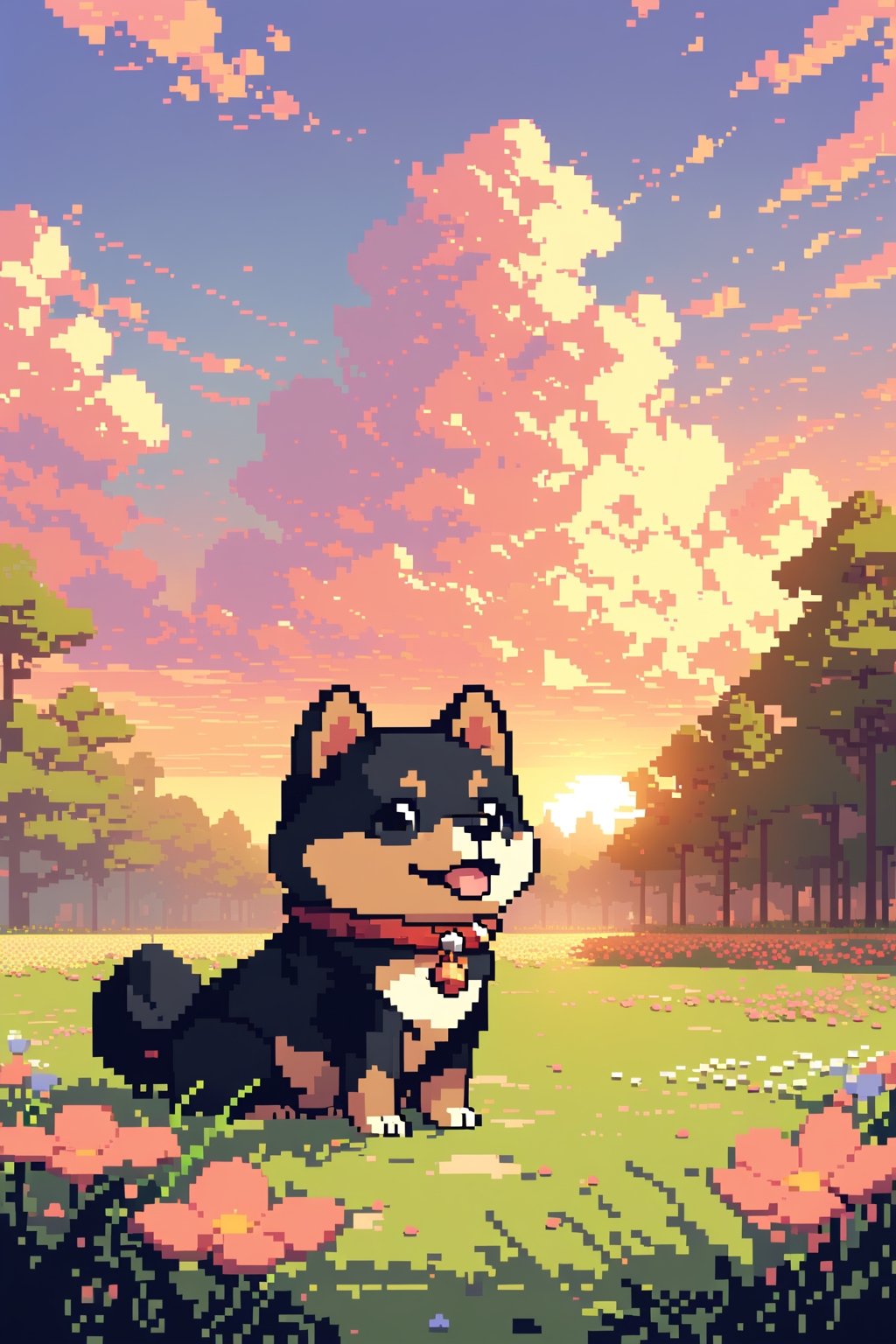 1 black Shiba Inu, 3D rendering, warm tones, Disney style, flower, outdoor, sky, clouds, trees, petals, no one, grass, landscape, sunset, sunlight, field, gradient sky, pixel art, high brightness, super color, S-shaped composition