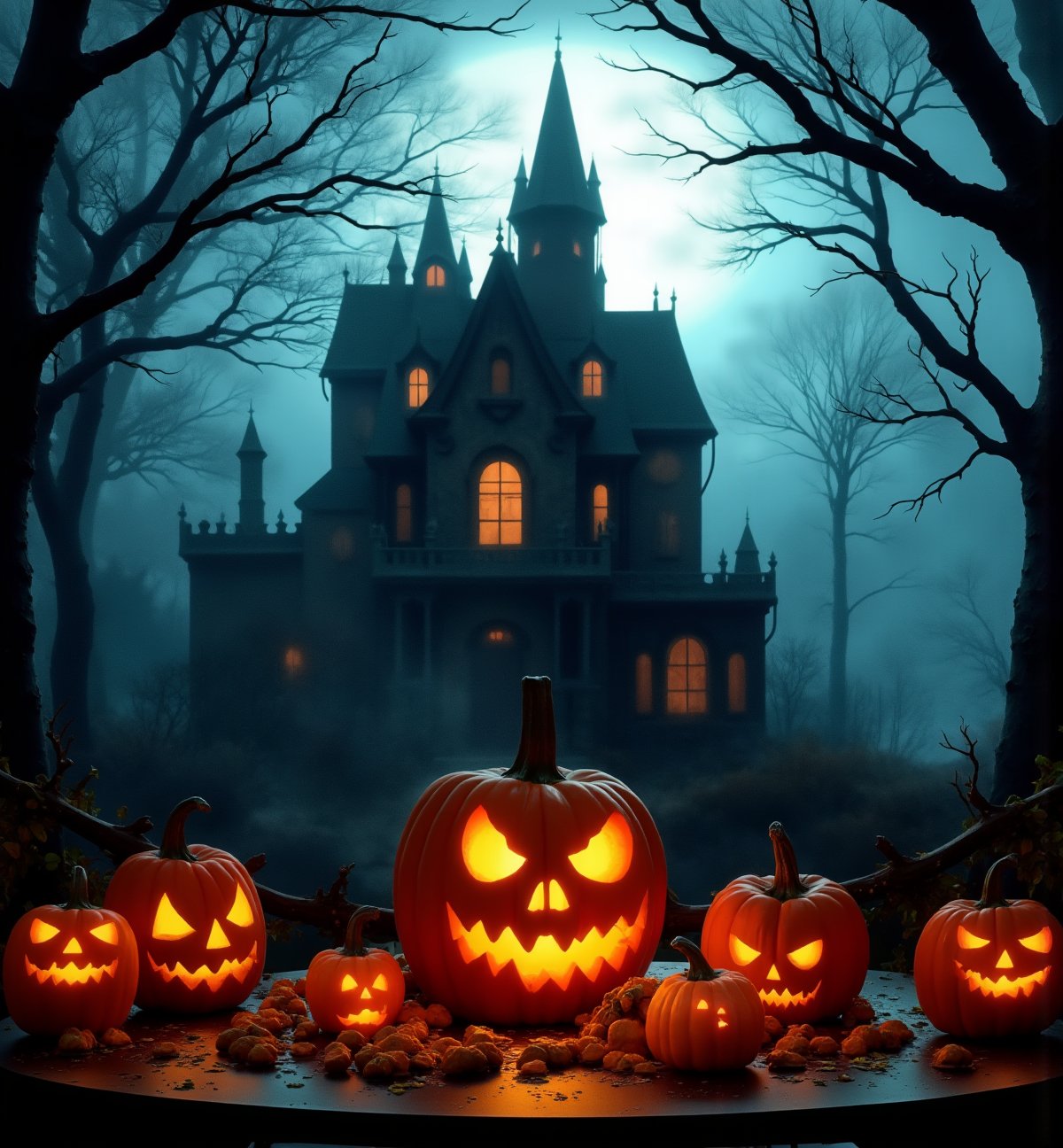 A sinister castle in the background, dark branches, a Halloween forest, In front of him is a magical table with pumpkins and Halloween decor, as well as a Halloween candy on top, aidmaabdhr