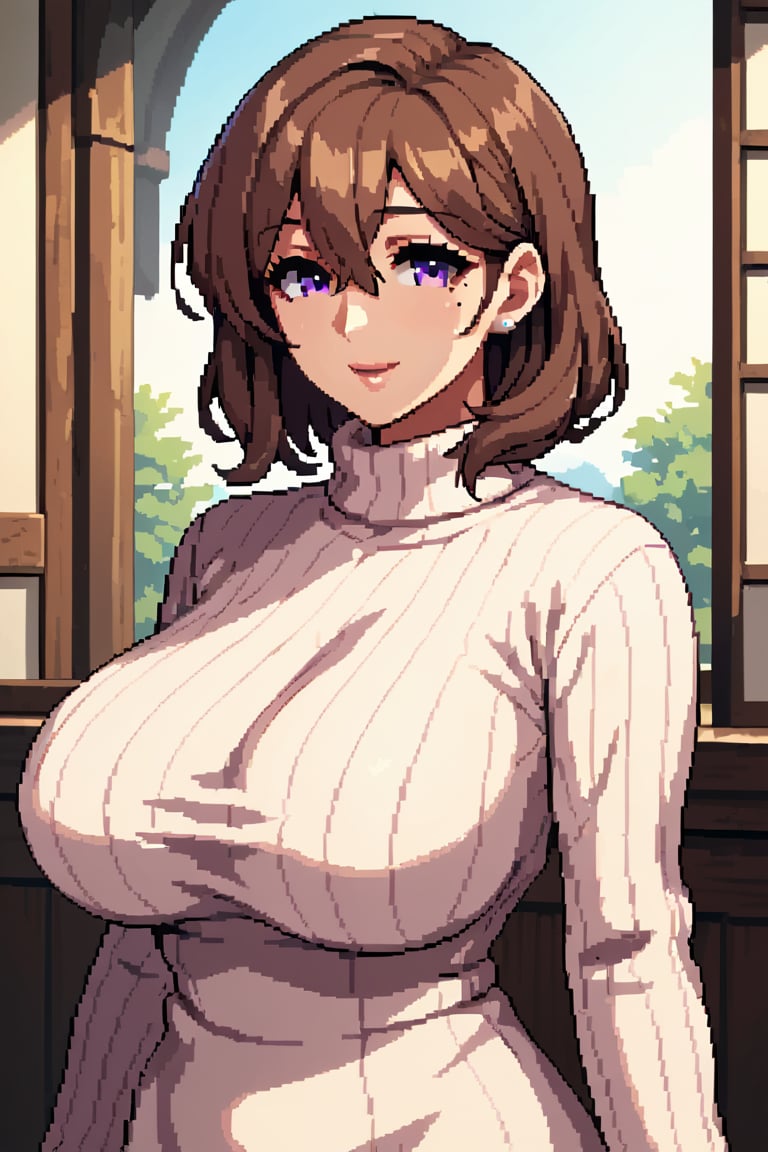 best quality, masterpiece, score_9, score_8_up, score_7_up, 1girl, short_hair, mature femle, brown hair, purple eyes, bangs, hair between eyes, mole under eye, turtleneck sweater, dress sweater, (huge breasts:0.8), eyelashes, medium hair, short hair, gentle smile, large breasts,