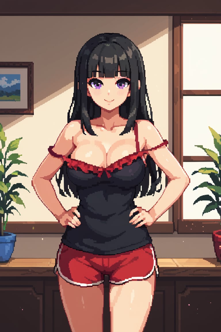 score_9, score_8_up, score_7_up, 1girl, black hair, purple eyes, long hair, blunt bangs, spaghetti_strap, black dress, (large breasts:0.7), smile, frilled camisole, single strap slip, himecut, off shoulder, red sports shorts, standing, hands on own hips, indoors, bluent ends